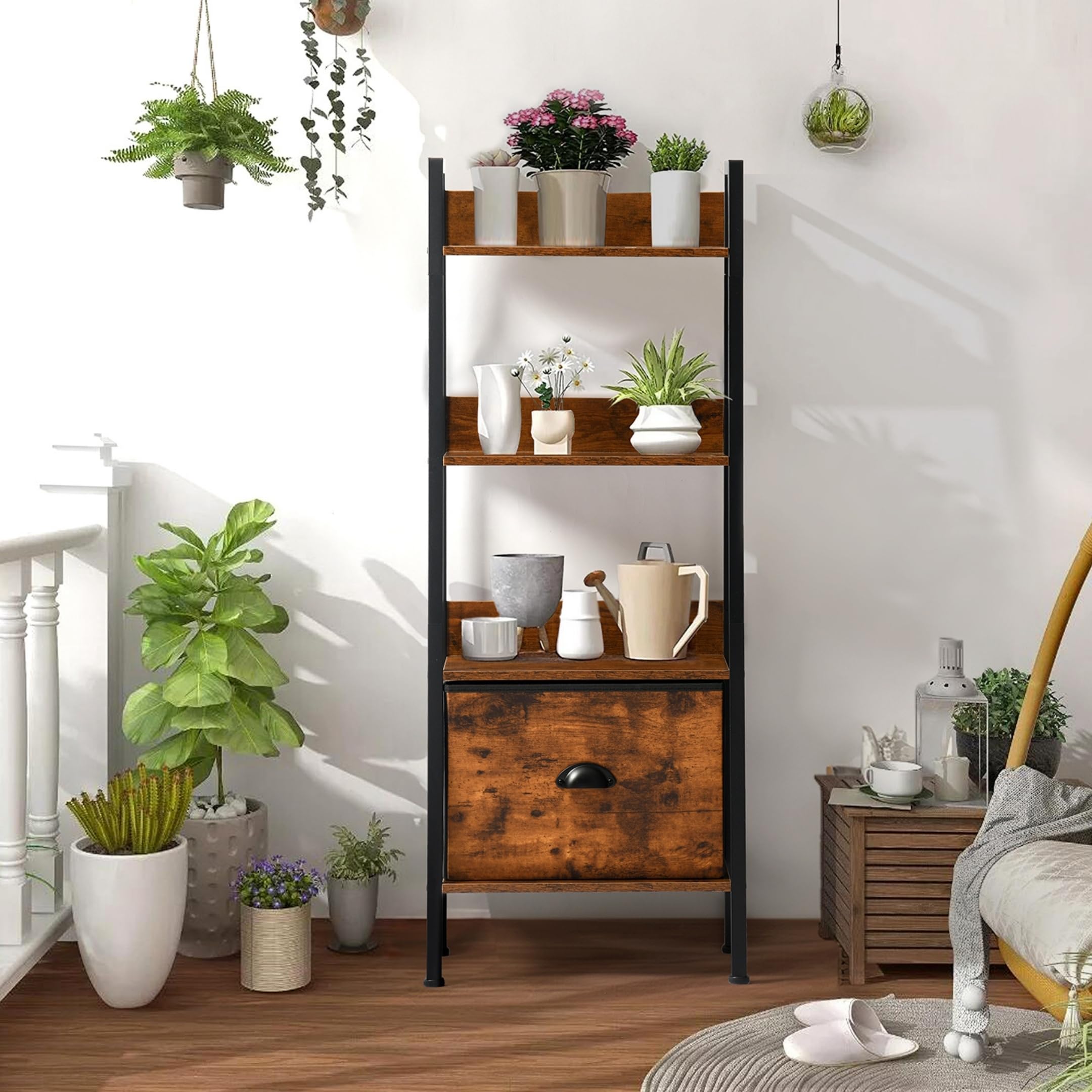 Étagère Industrielle à 4 Niveaux Avec Tiroir - 42.5 X 29 X 110 Cm, Marron - Pour Salon, Bureau, Chambre