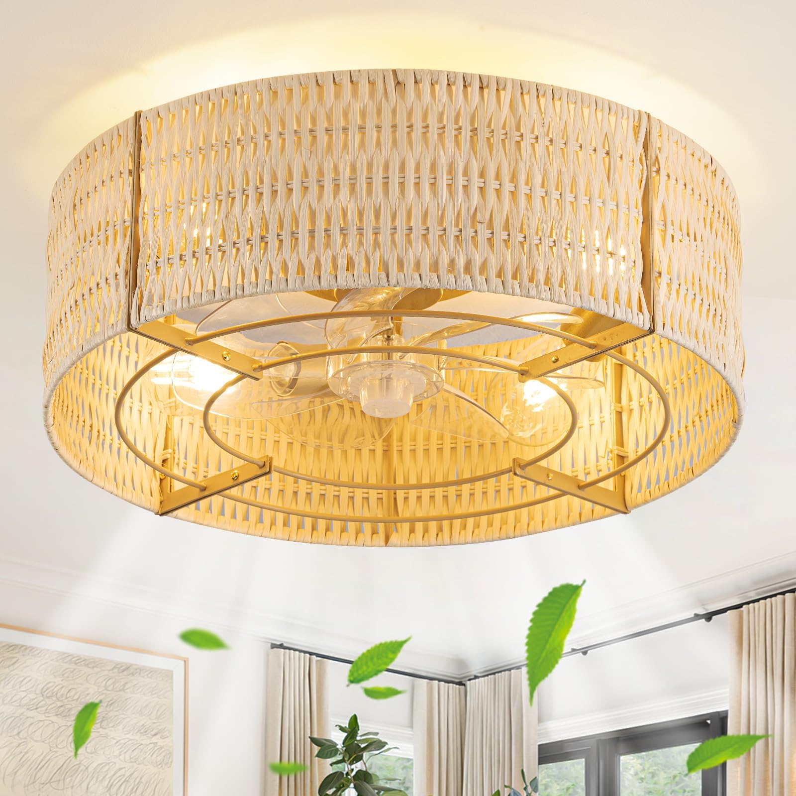 Caged Ceiling Fans with Light,Rattan Flush Mount Ceiling Fan with Light and Remote Control, Boho Fandelier Ceiling Fan 6 Speeds for Bedroom, Living Room, Kitchen, Nursery, Porch