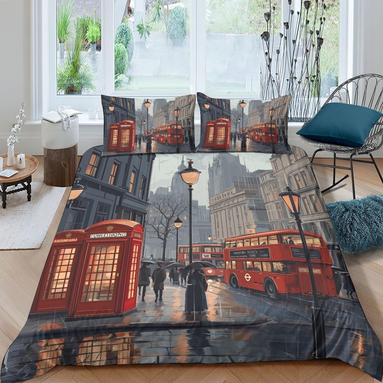 Ctjqhvkz Style-8 3D Printed London City Fitted Sheet Microfiber Soft Breathable Red Bus Bed Cover For Bedroom Decor Protection Single（135X200cm）