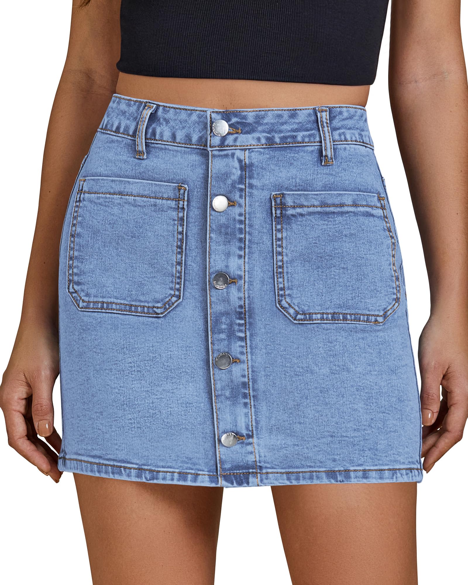 luvamia Jean Skirts for Women Denim High Waisted Trendy Stretchy Mini Button Front Short Pencil Skirt with Patch