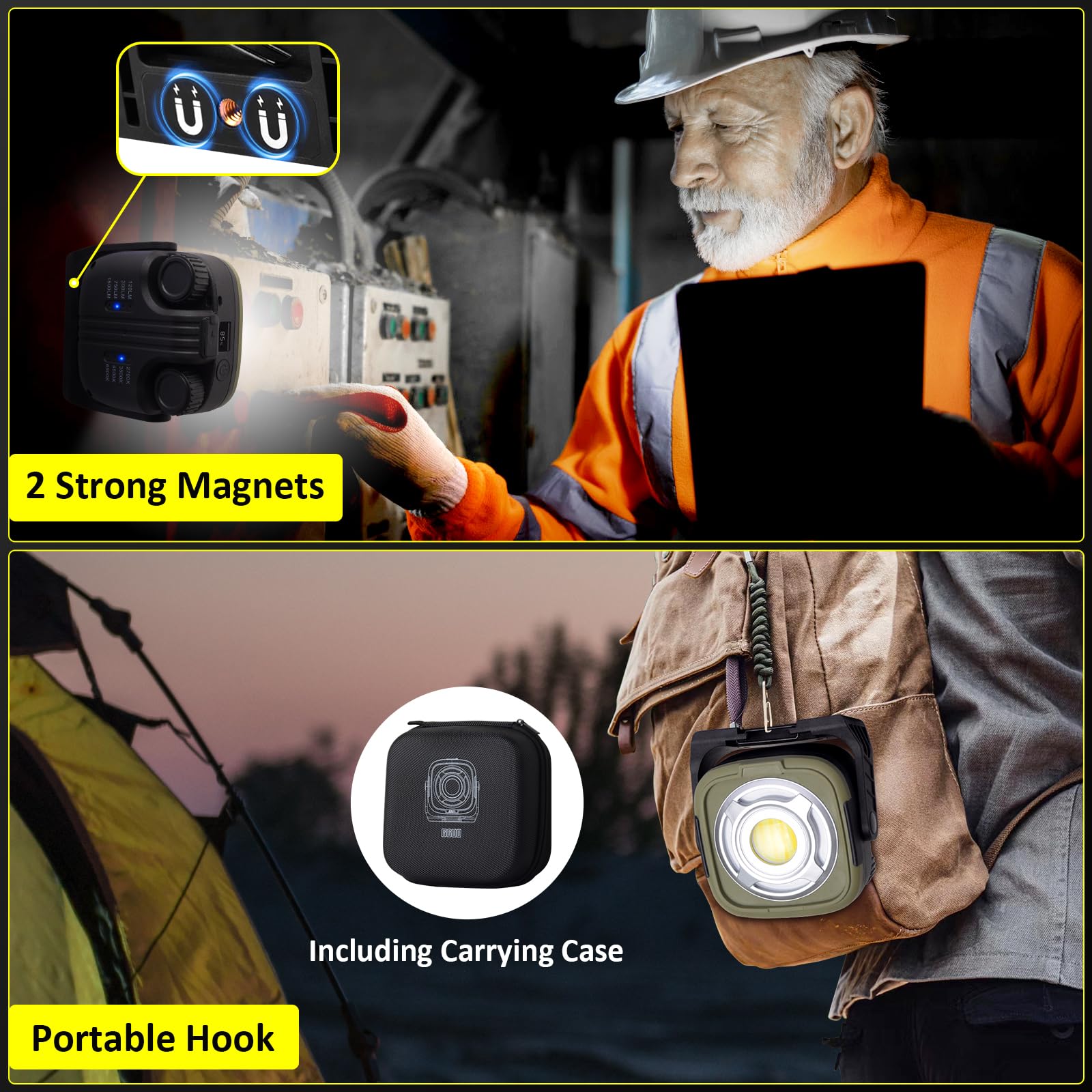 MASMEJOR Foco LED Recargable 10000mAh con Imán, Luz de Trabajo 1500LM 30W con Regulación Continua, IPX4, 360° Rotación para Taller, Reparación de Autos, Camping, Emergencias