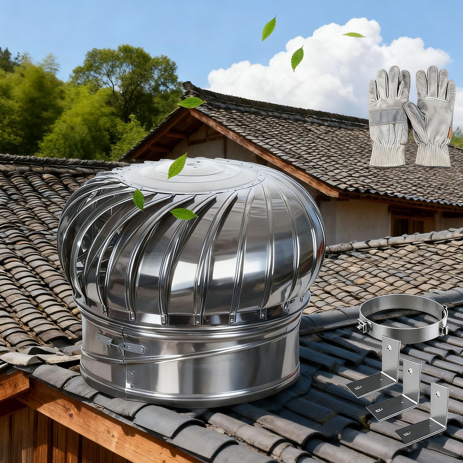 EJGMCNSGB 201 Stainless Steel Exhaust Cap7.5cm 11cm 16cm 20cm Roof Flue Vent Wind Turbine AntiDowndraught Cover for Chimneys (22cm Round Rotation)