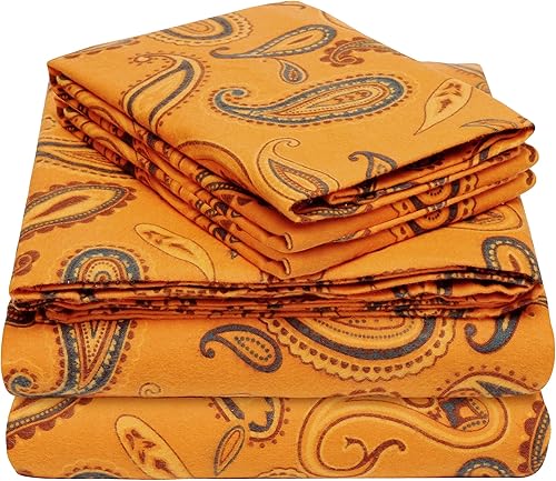 Miniatura 6 de BNM - Juego de sábanas de franela de algodón con patrón de cachemira, 4 piezas, incluye 1 sábana bajera de bolsillo profundo, 1 sábana encimera, 2