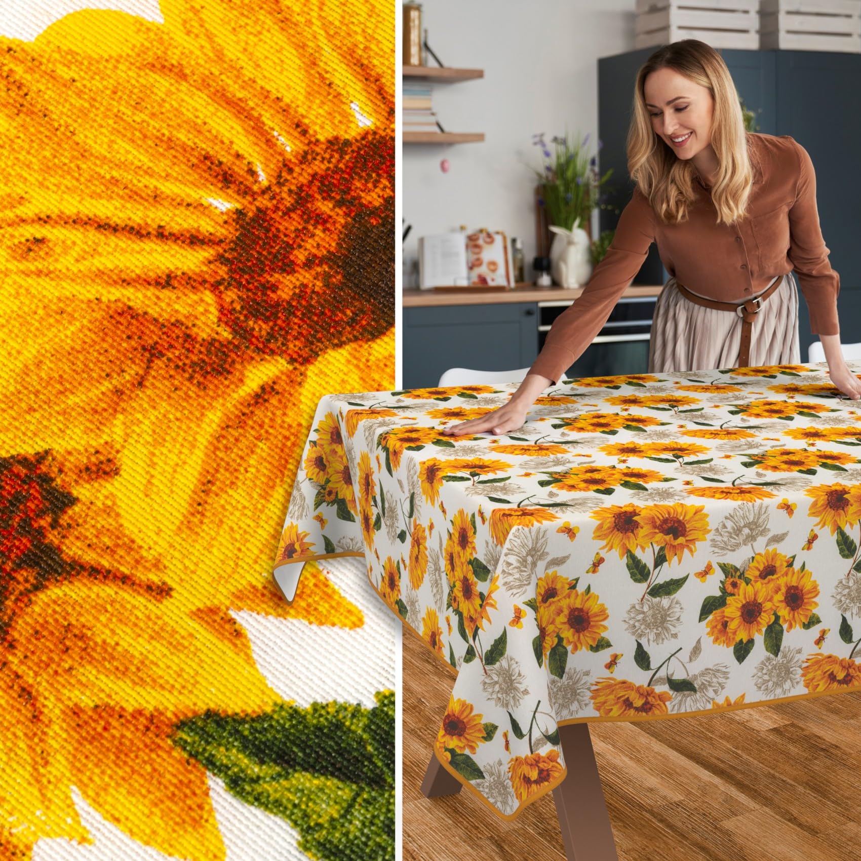 Mantel lavable, fácil de limpiar, de algodón, poliéster, antimanchas, para jardín, diseño de girasoles, 260 x 140 cm, para interior y exterior
