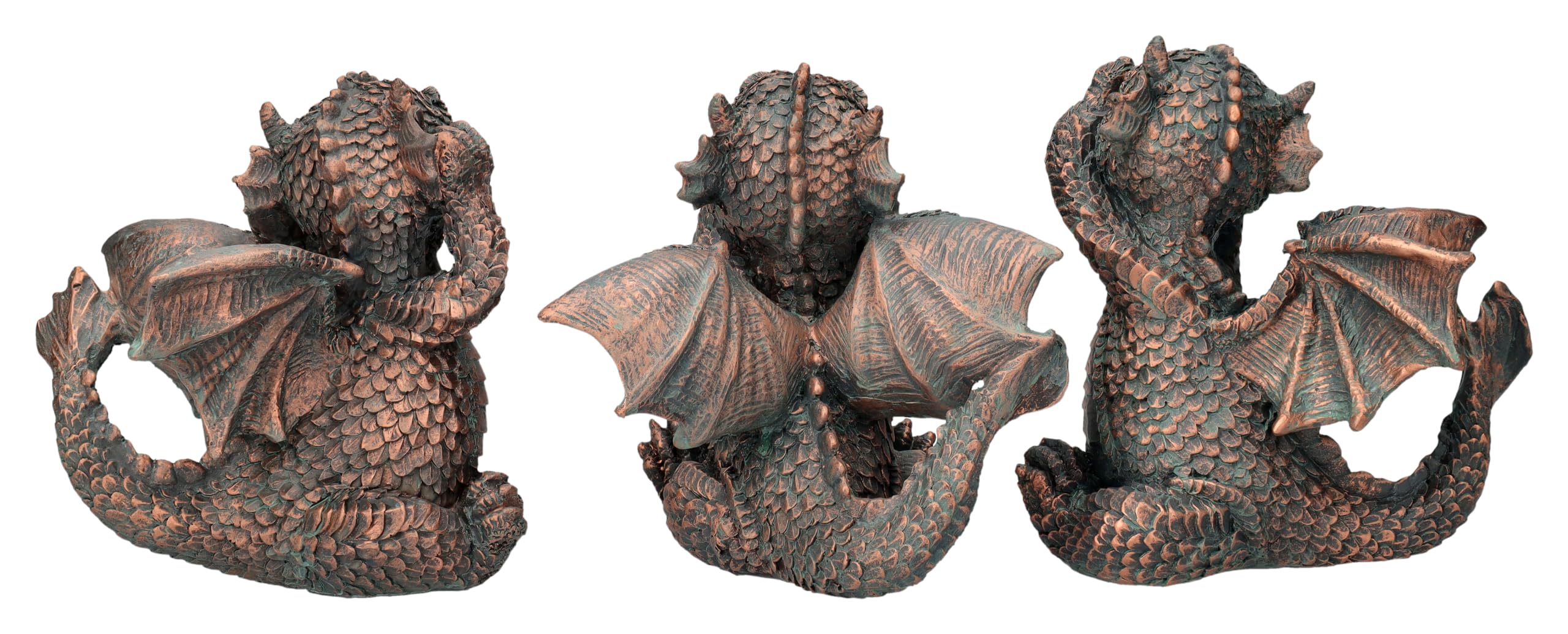 Figuren Shop GmbH Drachenfiguren - Nichts Böses Sehen, Hören, Sagen, 12 cm - Kunststein, Handbemalt, Bronzefarben, Fantasy Statue