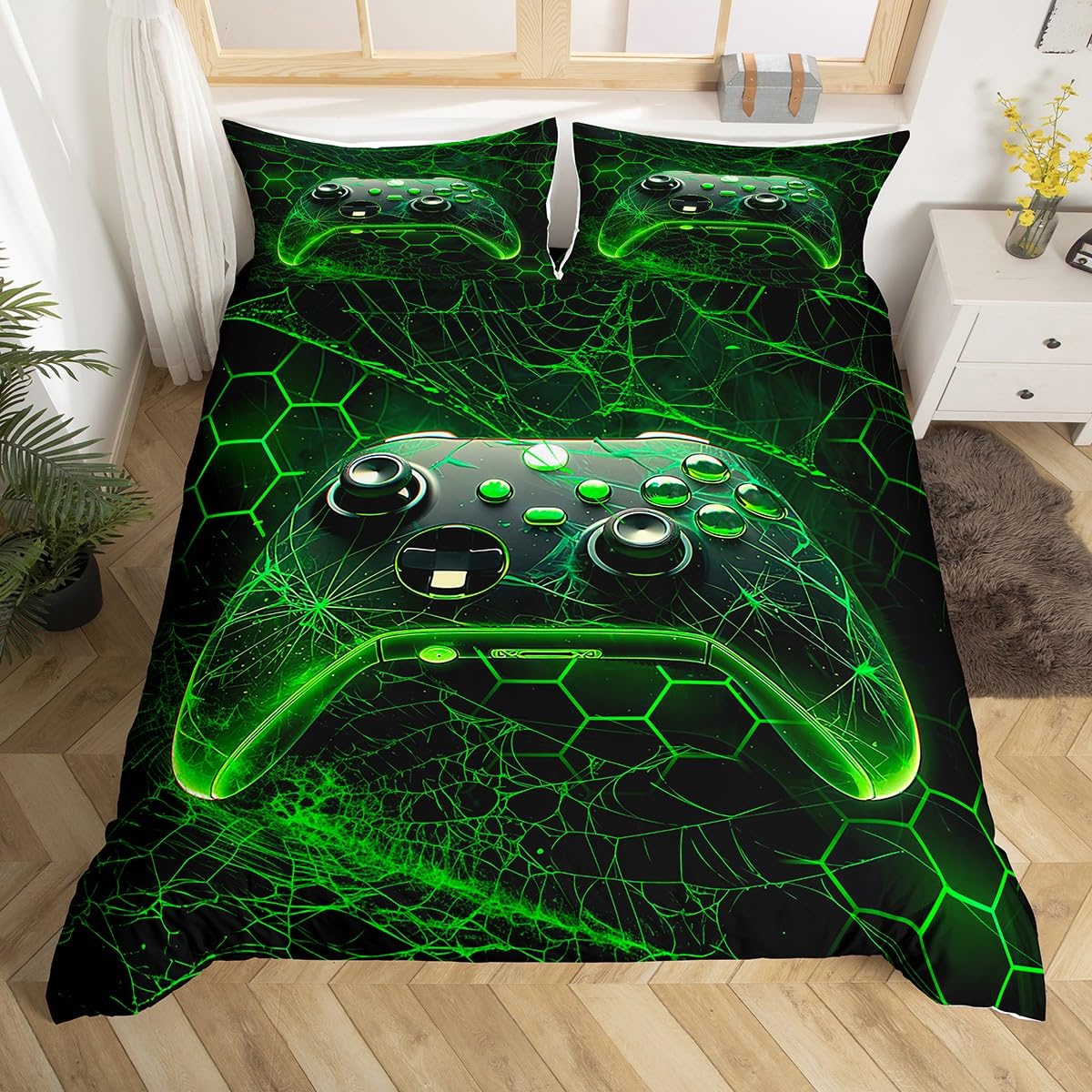 Loussiesd Gamer Duvet Cover Gaming Bedding Set for Kids Boys Girls Teens Room Decor Game Room Decor Comforter Cover Set Single Size Spider Web Gamepad Green Black Bedspread Cover 2Pcs Zipper