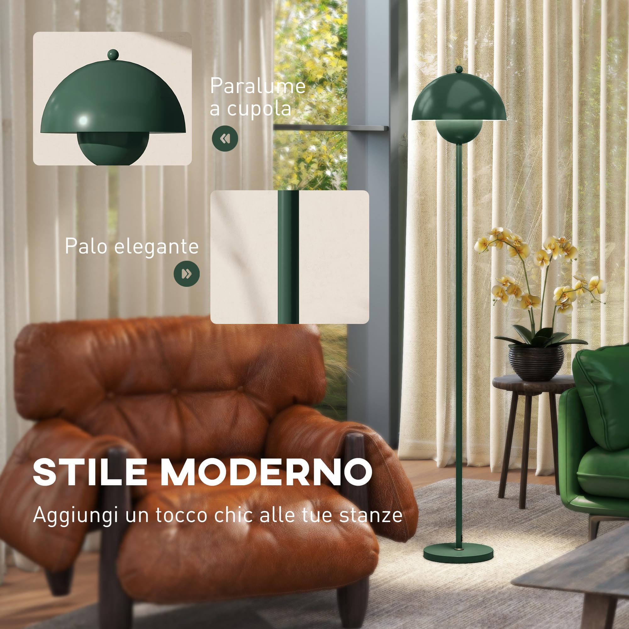 HOMCOM Lampada da Terra con Paralume Semicircolare e Interruttore a Pedale, Lampada a Piantana in Acciaio, Ø30x155 cm, Verde