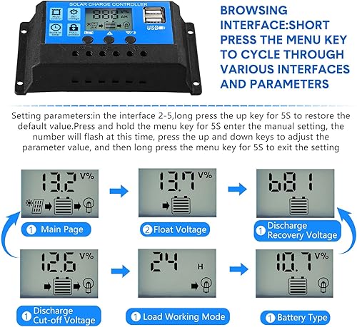 Miniatura 4 de Controlador de batería solar de 12 V24 V, controlador de carga de panel solar de tierra, regulador de control de panel solar con pantalla LCD
