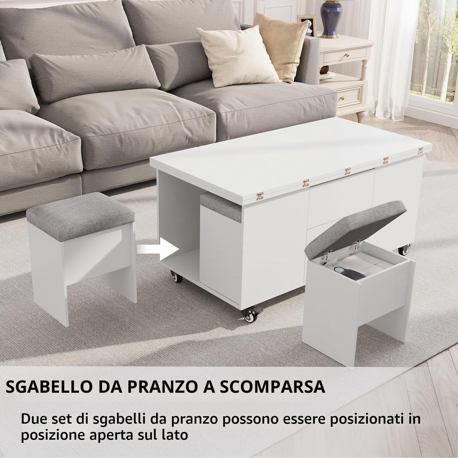 VOWNER Tavolino da Salotto Regolabile in Altezza, Tavolo da Salotto Multifunzionale 4 in 1 con 4 sgabelli, Tavolino da Salotto Convertibile in Tavolo da Pranzo da Salotto, Bianco, 108 x 106 x 68 cm