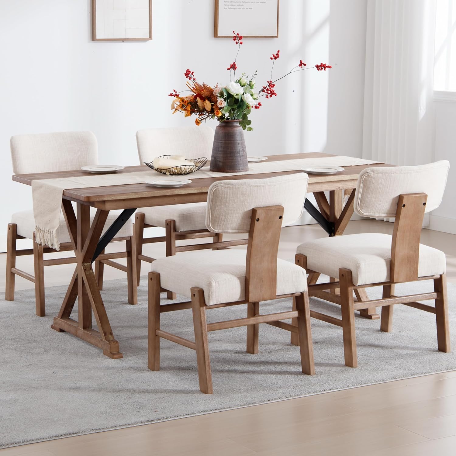 RIVOVA Farmhouse Dining Chairs Set of 4, Beige Upholstered