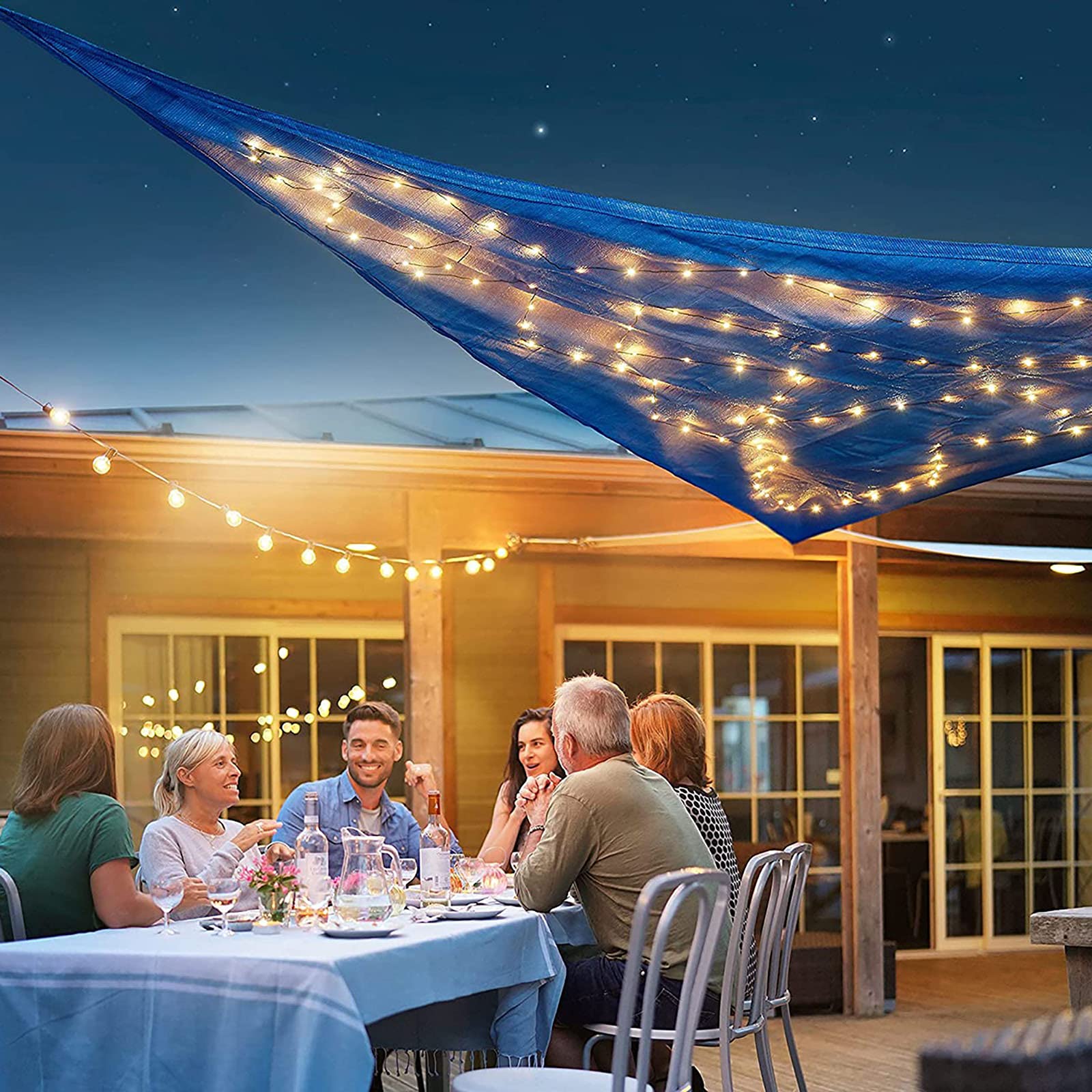 HYISHION Dreieck Sonnensegel „Sternenhimmel mit 100 Mikro-LEDs, Geeignet Für Garten/Terrasse/Grill,Blau,6×6×6M Garten