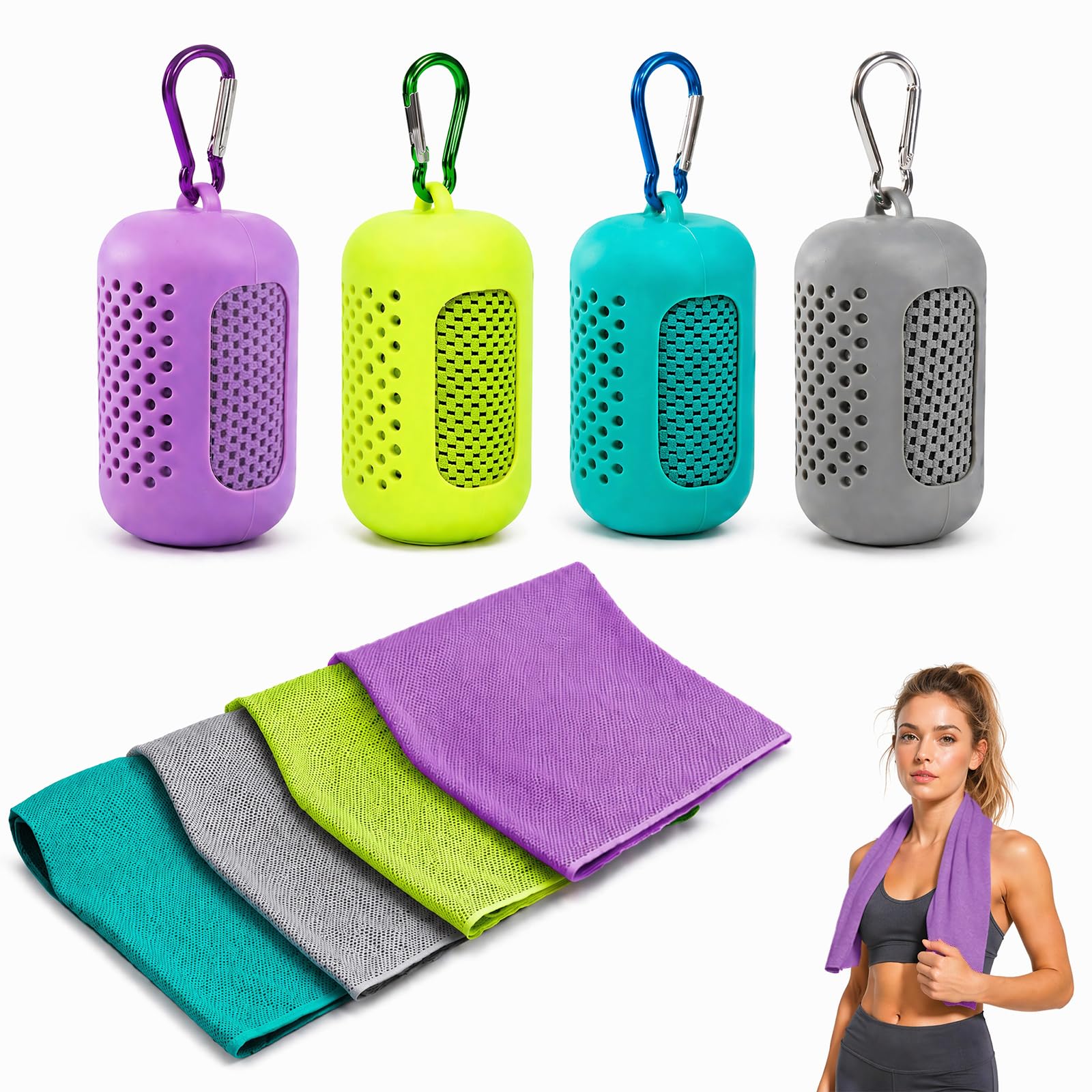 Kühlendes Handtuch 4er Set,Cooling Towel aus Mikrofaser, Schnelltrocknendes Sporthandtuch mit Verdunstungskälte, Kühlhandtuch für Fitness,Yoga,Laufen,Gym,Reise & Outdoor,30x90 cm,mit Silikonhülle
