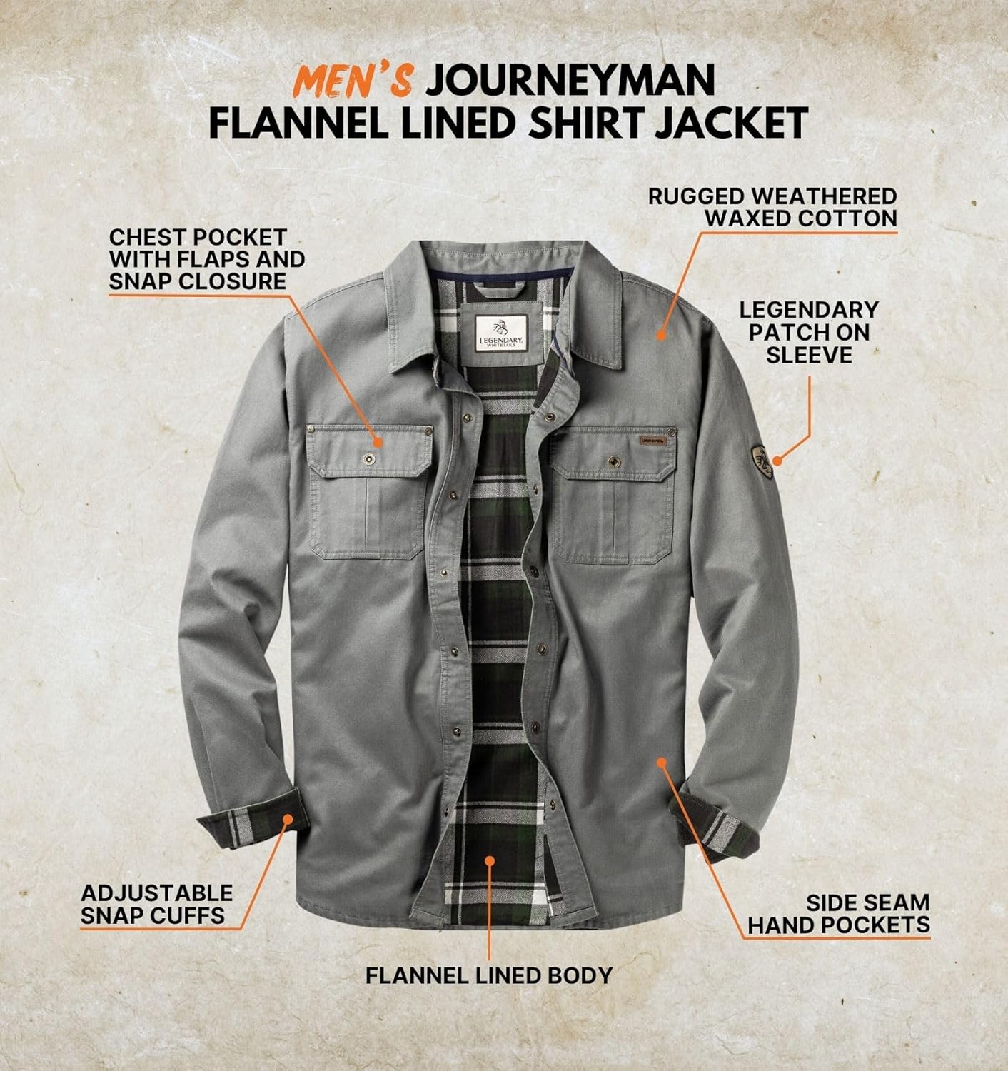 Legendary Whitetails Men’s Flannel Lined Shirt Jacket Waxed Cotton Water Resistant