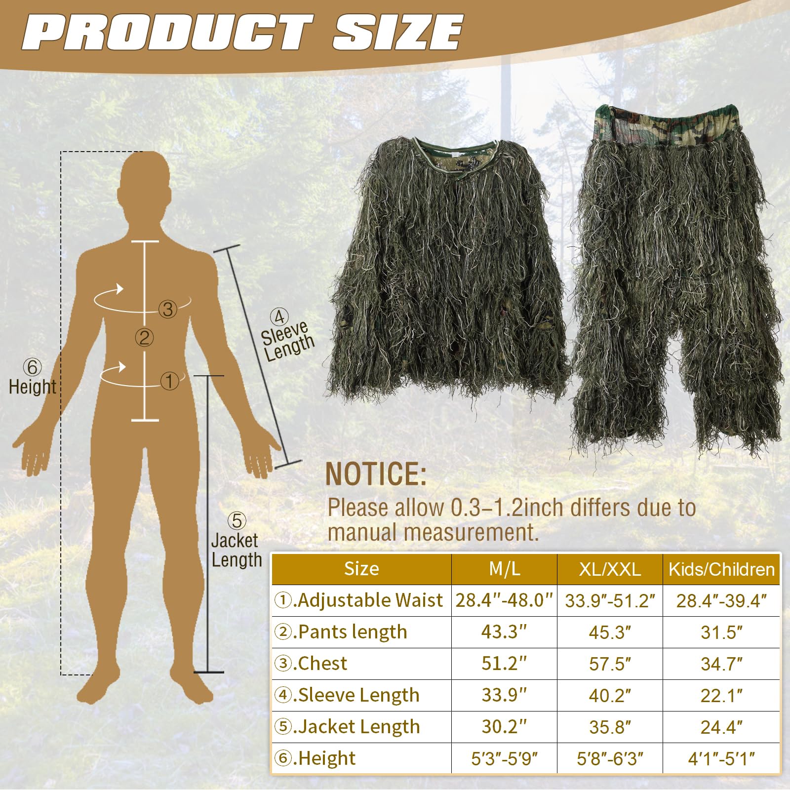 Ghillie Suit, 3D Camouflage Hunting Apparel Including Jacket, Pants, Hood, Carry Bag, Camo Hunting Clothes for Men, Hunters, Military, Sniper Airsoft, Paintball (Medium or Large, Woodland)