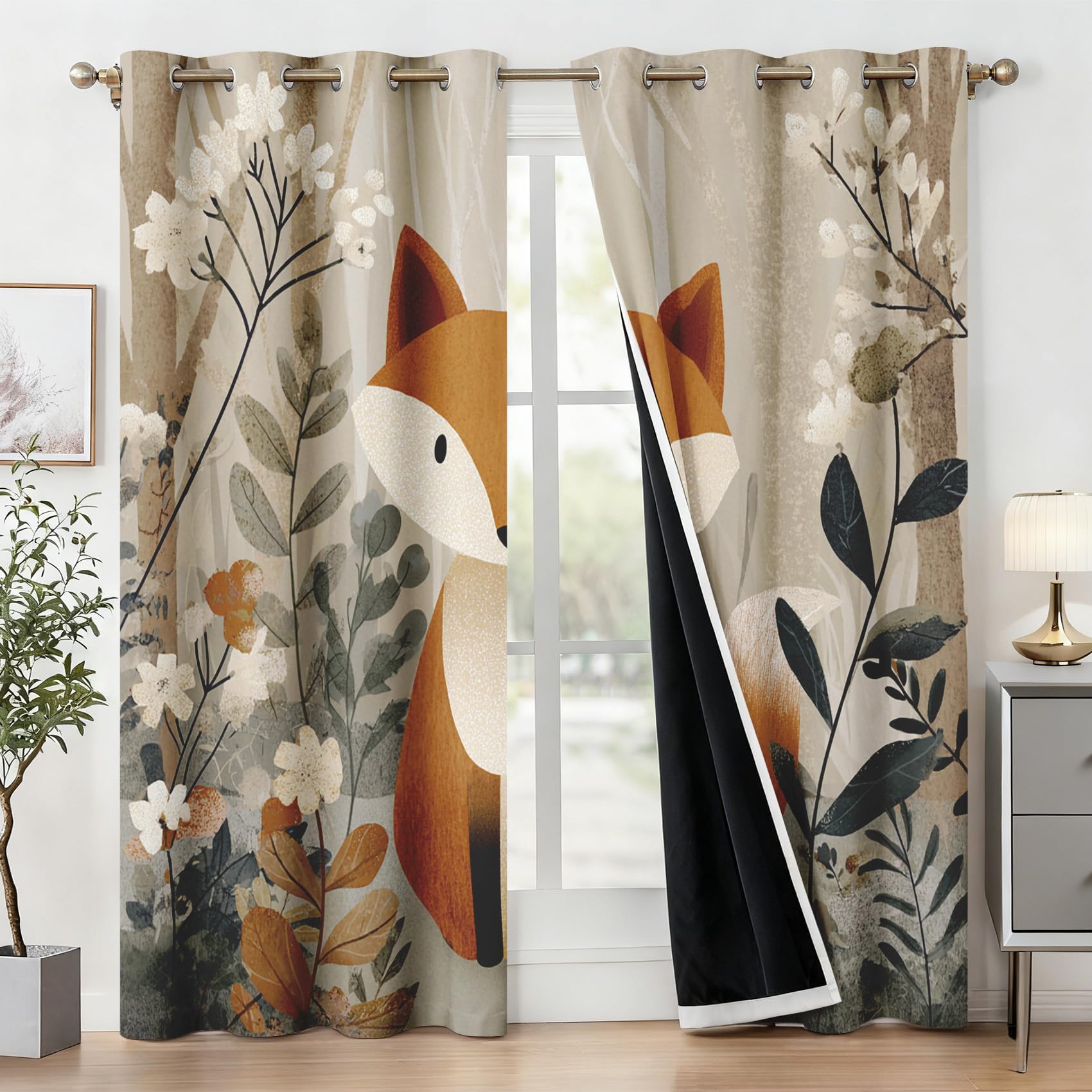 Generisch Blickdichte Vorhänge Cartoon-Fuchs, Wohnzimmer Schlafzimmer Deko, Pflanzen Blumen Fuchs Kinder Gardinen mit Ösen, Thermo Verdunklungsvorhänge 2er Set H137 x B117 cm pw&93