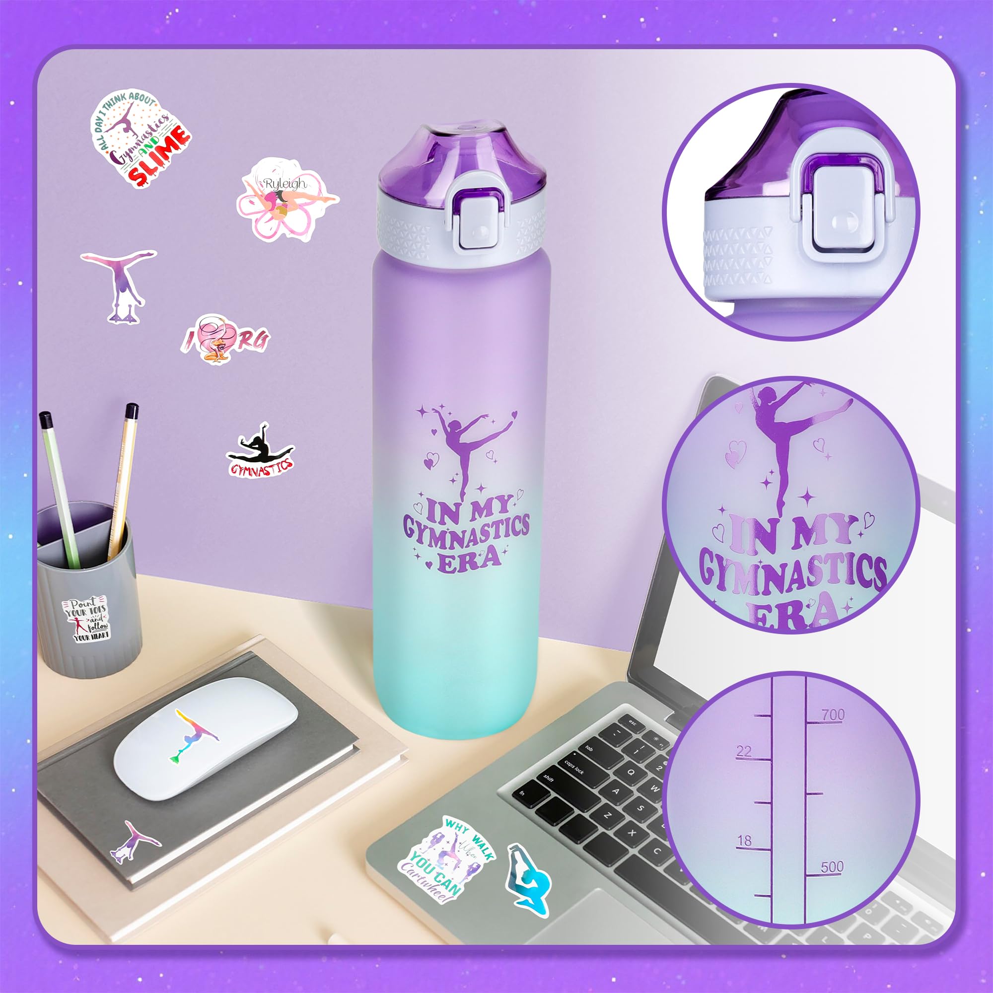 Gymnastics Gifts for Girls - Gymnastics Water Bottle, Cosmetic Bag, Necklace, Scrunchie, Socks, 50 Pcs Stickers - Gymnastics Party Favors for Girls, Birthday Gifts for Gymnastics Lovers
