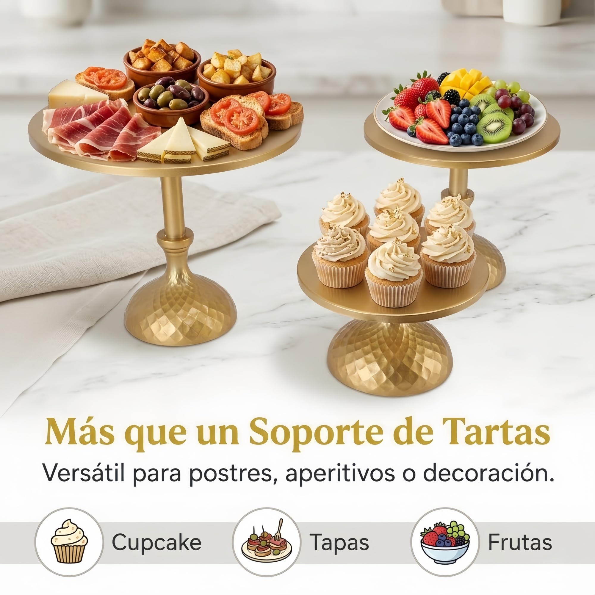 3 Piezas Juego de soporte para tartas de oro, soporte para cupcakes, hierro con base redonda elevada sin herramientas, platos de pastelería para mesa de postres de boda