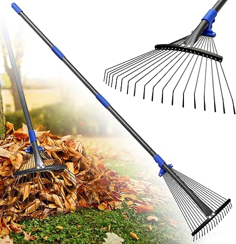 Rastrillo para hojas rastrillo de hojas de metal ajustable para césped, cabeza expandible de 8 a 17 pulgadas, mango largo de 45 pulgadas, rastrillos