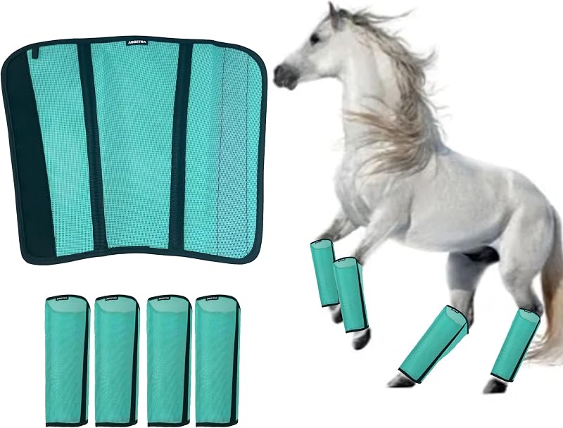 Botas contra moscas para cavalos Angetra em malha respirável, conjunto com 4, Mint