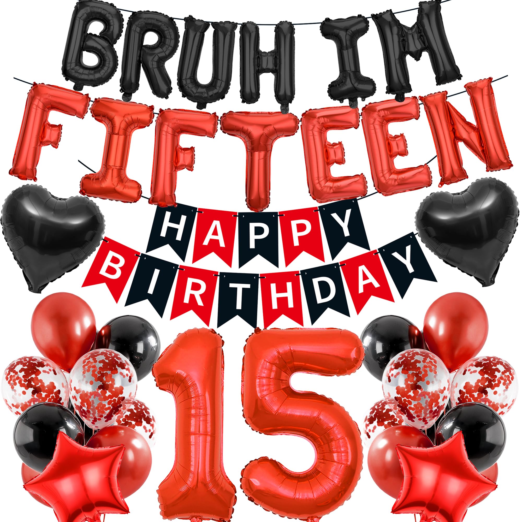 15th Birthday Decorations Banners Boy - 38 Pcs Black and Red Happy Birthday Banner BRUH I'M FIFTEEN Star Heart Number 15 Foil Balloons Decoration Sequin Balloons for 15 Years Old Boys Party Decor โ image 1