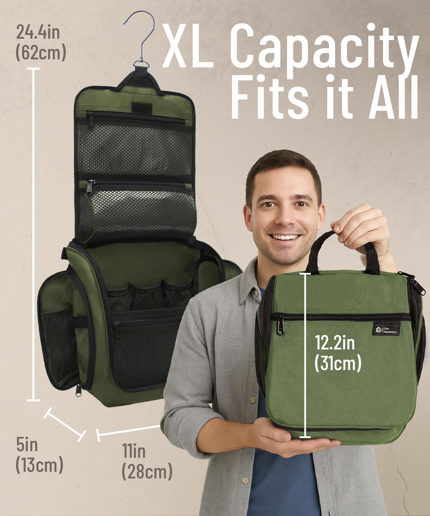 D&D - Neceser Colgante de Viaje para Hombre y Mujer | Organizador Extragrande con 10 Compartimentos, Cremalleras, Gancho Giratorio de Metal XXL, Nailon Resistente al Agua