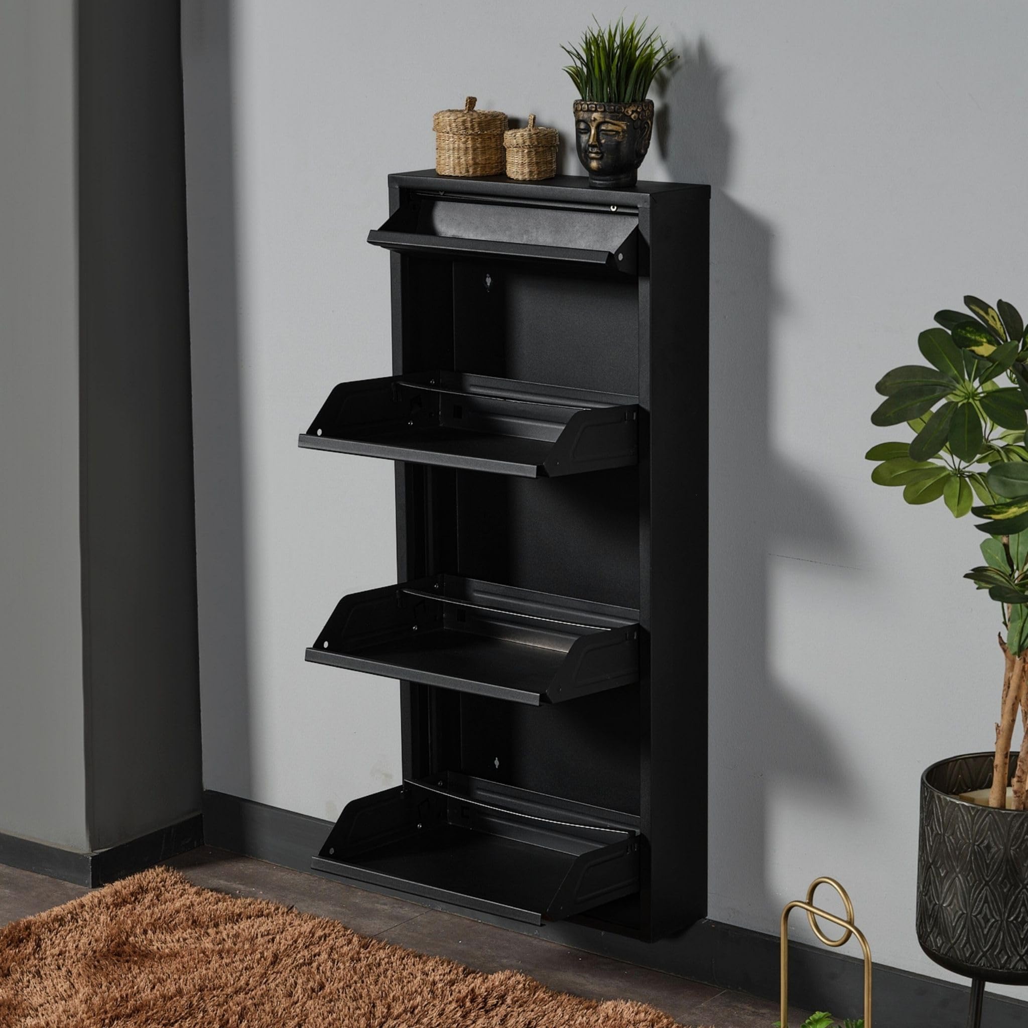 Alveon Schoenenkast, smal schoenenrek, metaal, schoenenkast met magnetische kleppen, schoenenrek, gemonteerd en wandmontage (antraciet, 2 kleppen