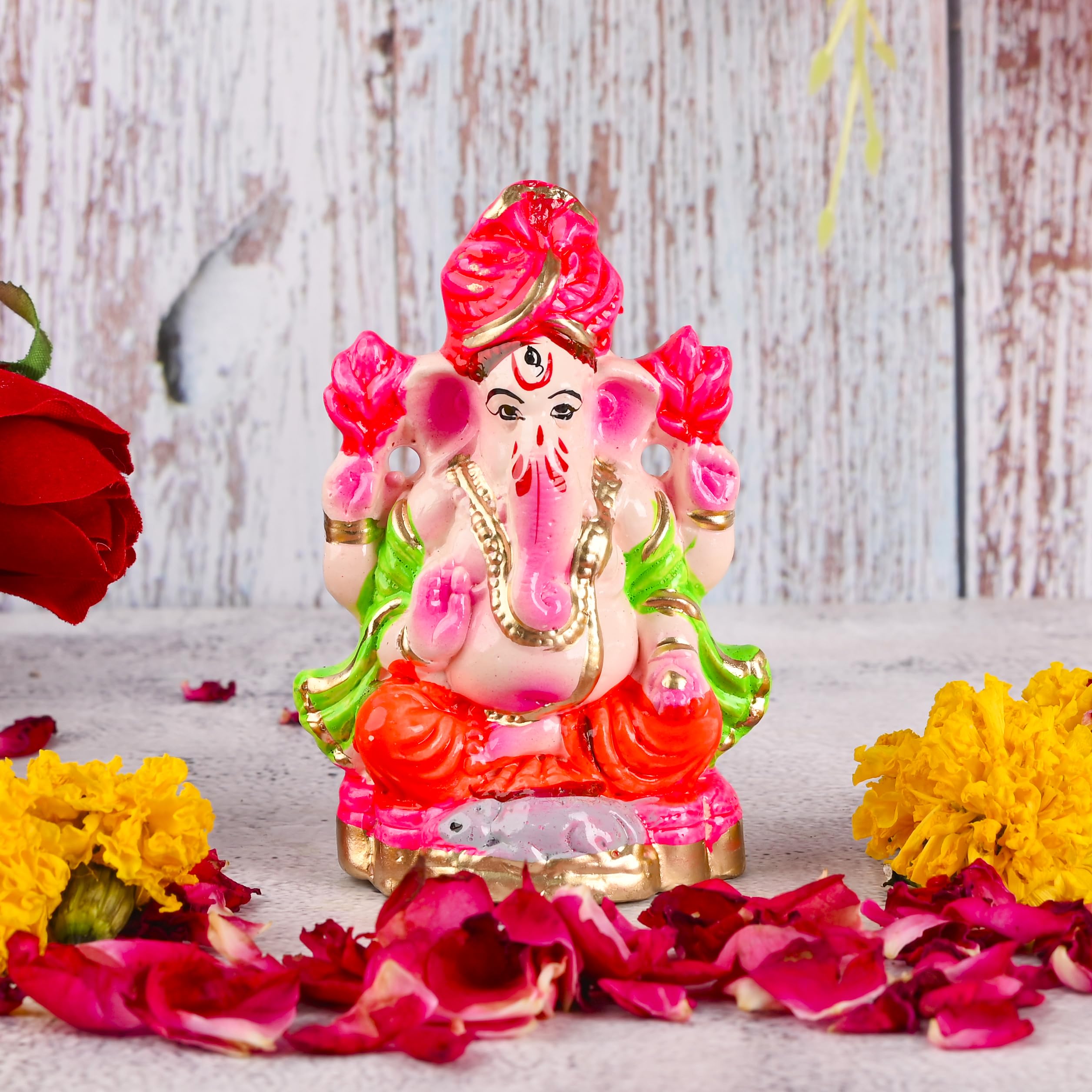 Swadeshi Desire Mitti Ganesh Idol | Eco-Friendly Mud/Clay 4 Bhuja Colorful Ganesh Murti | Ganpati Figurine for Visarjan | Biodegradable Ganesha Statue