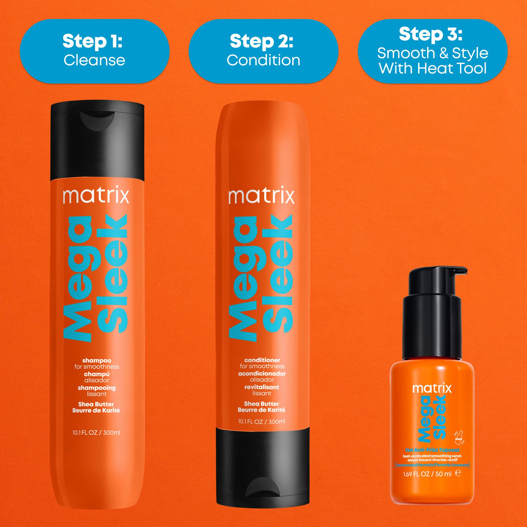 Matrix Mega Sleek Topcoat Serum przeciw puszeniu się 96H, profesjonalna formuła termoaktywowana, do wszystkich rodzajów kręconych włosów, chroni przed ciepłem i wilgocią, zapewnia jasność, odporność