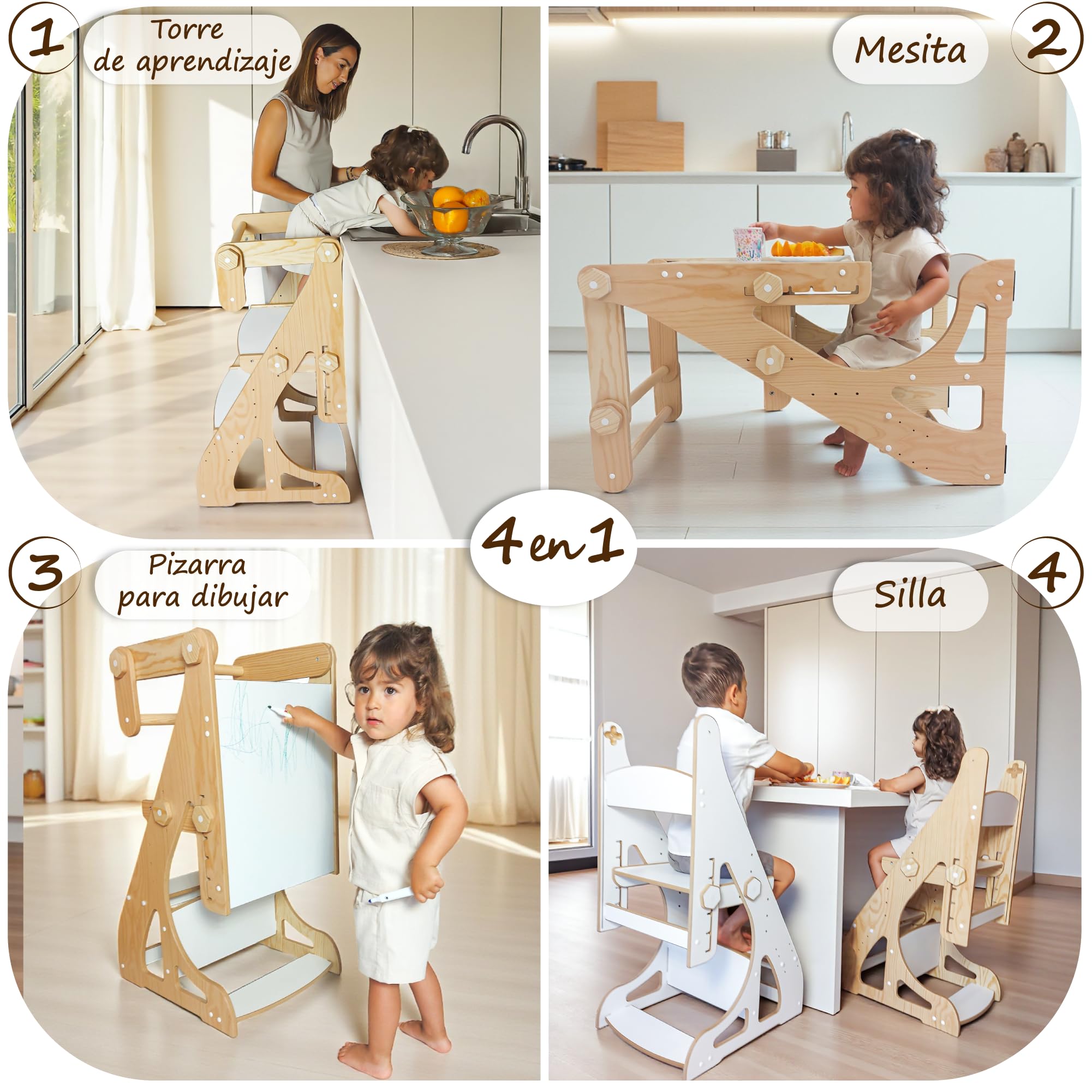 Torre Montessori 4 en 1 para niños – Torre de Aprendizaje, Mesa con Silla, Pizarra Infantil y Silla Evolutiva Ajustable – Madera Segura, 2 a 9 años (Pino)