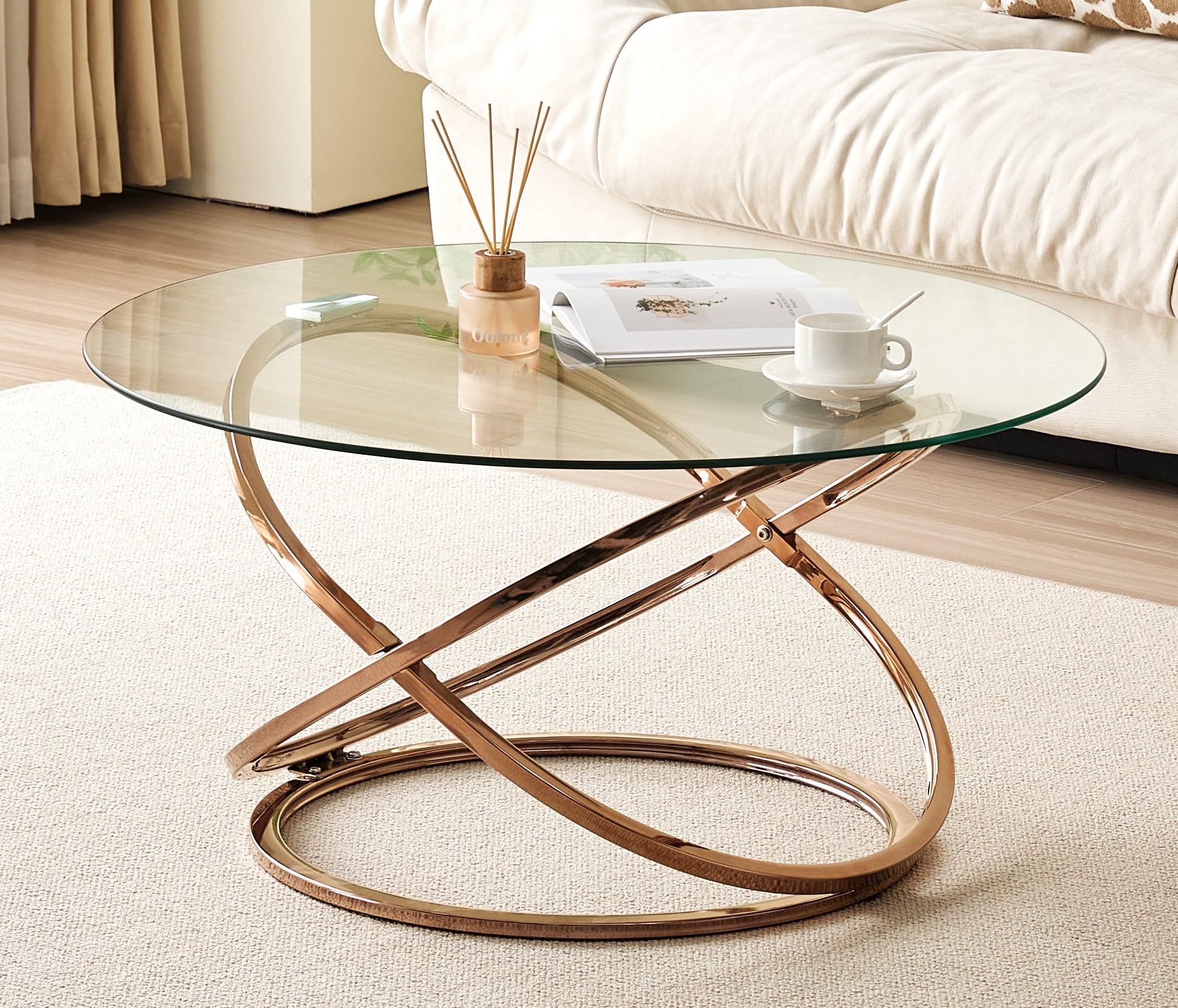 Comfy Living Round Tempered Glass Coffee Table with Chrome Effect Gold Or Silver Frame (Gold)