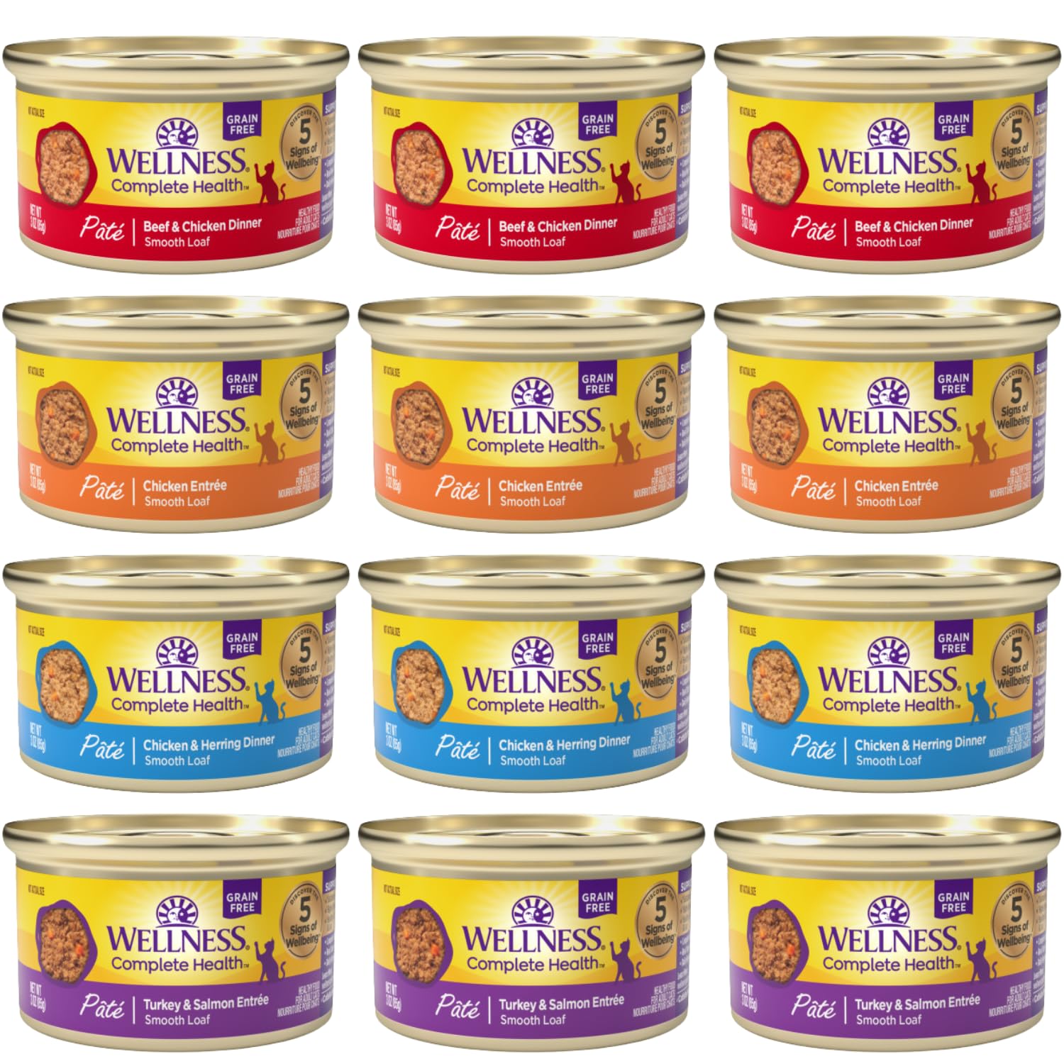 Wellness Natural Premium Canned Cat Wet Food Pate - 12 Pack Cans Bowl Variety Pack 4 Flavor - (Chicken,Beef, Salmon & Turkey) (3 Ounce Cans)