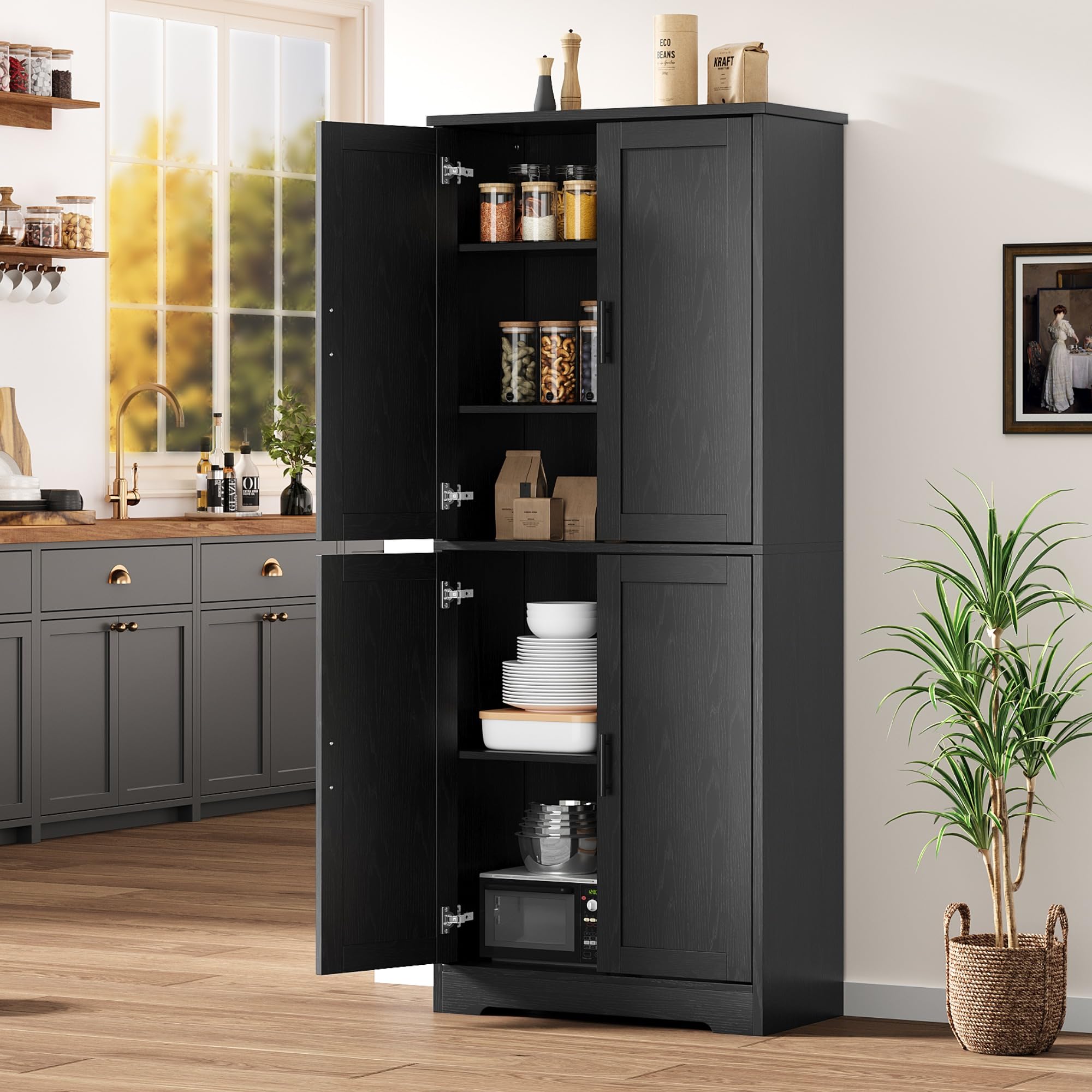 Photo 1 of IDEALHOUSE Pantry Cabinet,70" Tall Kitchen Pantry Cabinet with 4 Doors and 3 Adjustable Shelves, Freestanding Cupboard, Modern Storage Cabinet for Bathroom, Dining Room, Living Room, Black