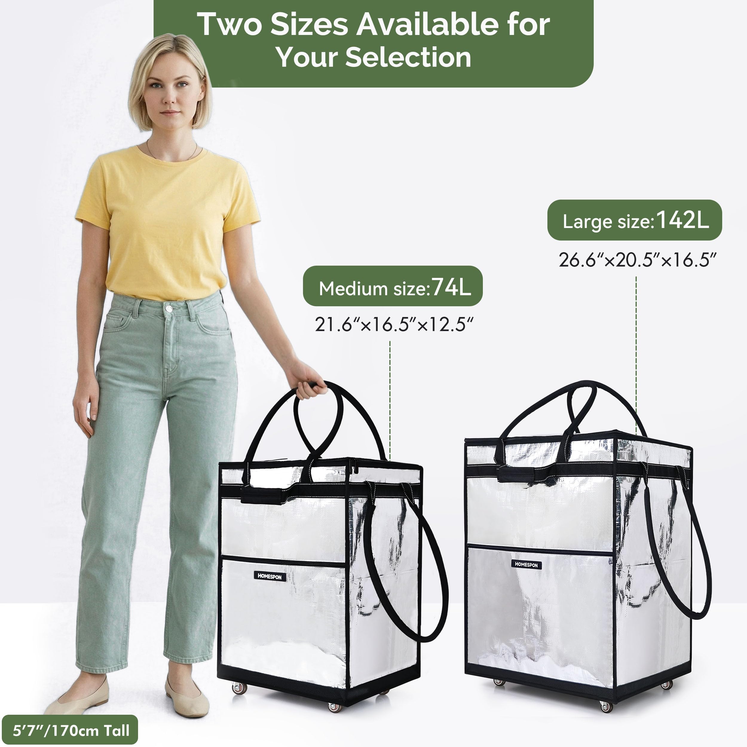 HOMESPON Carrito de Carreras Plegable con Ruedas Grande Impermeable Bolsa de Carreras Reutilizable con 5 asas Robustas