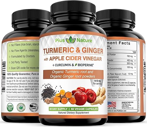 Miniatura 4 de 120 cápsulas de polvo de raíz de cúrcuma orgánica USDA, polvo de jengibre orgánico USDA y vinagre de sidra de manzana en polvo con curcumina (95%