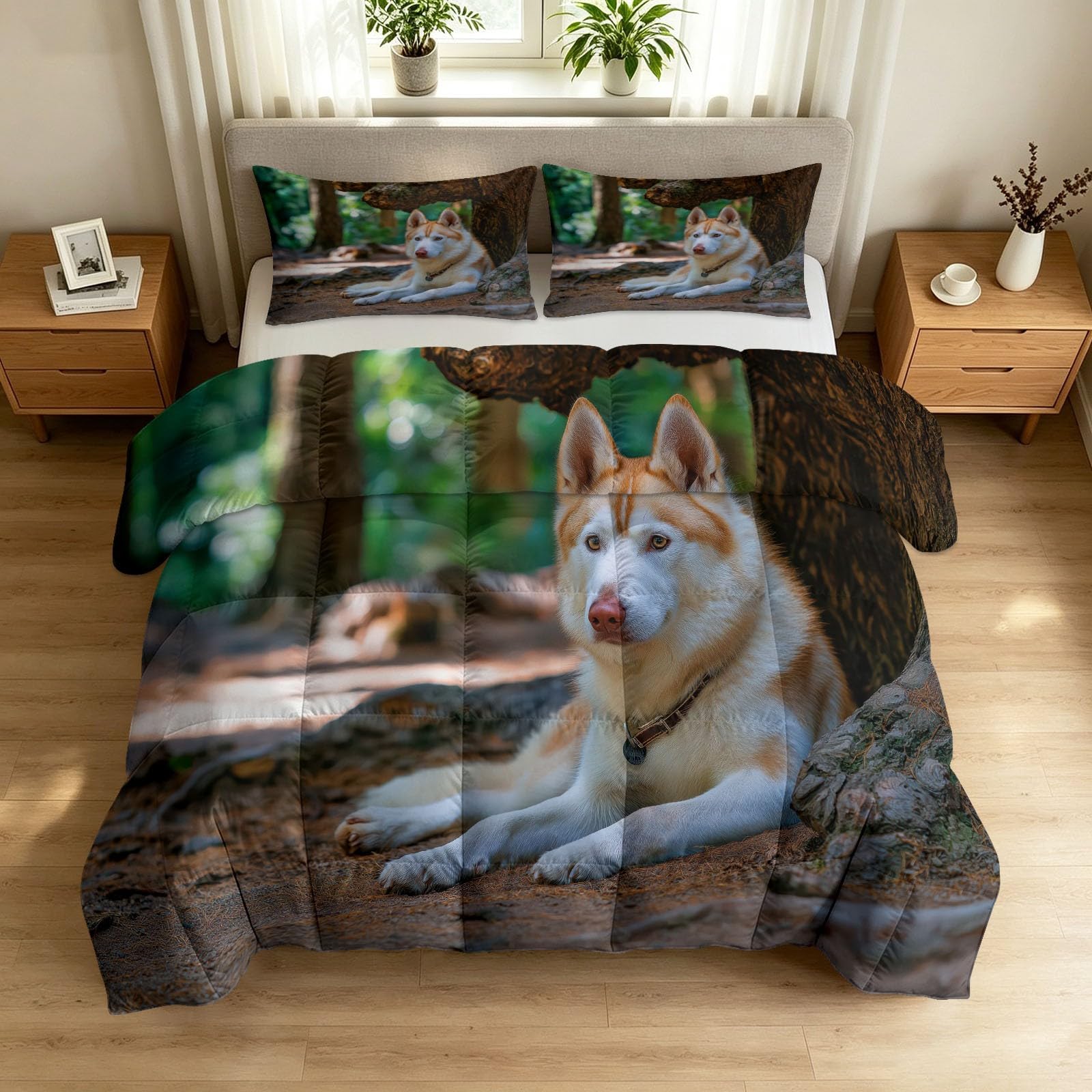 Kołdra 135 x 200 cm, naturalna, dwustronna, pikowana kołdra, miękka i wygodna kołdra do spania, motyw lasu, zwierzęcia, psa, bez poszewki, wielokolorowa, nadaje się do prania, letnia kołdra z