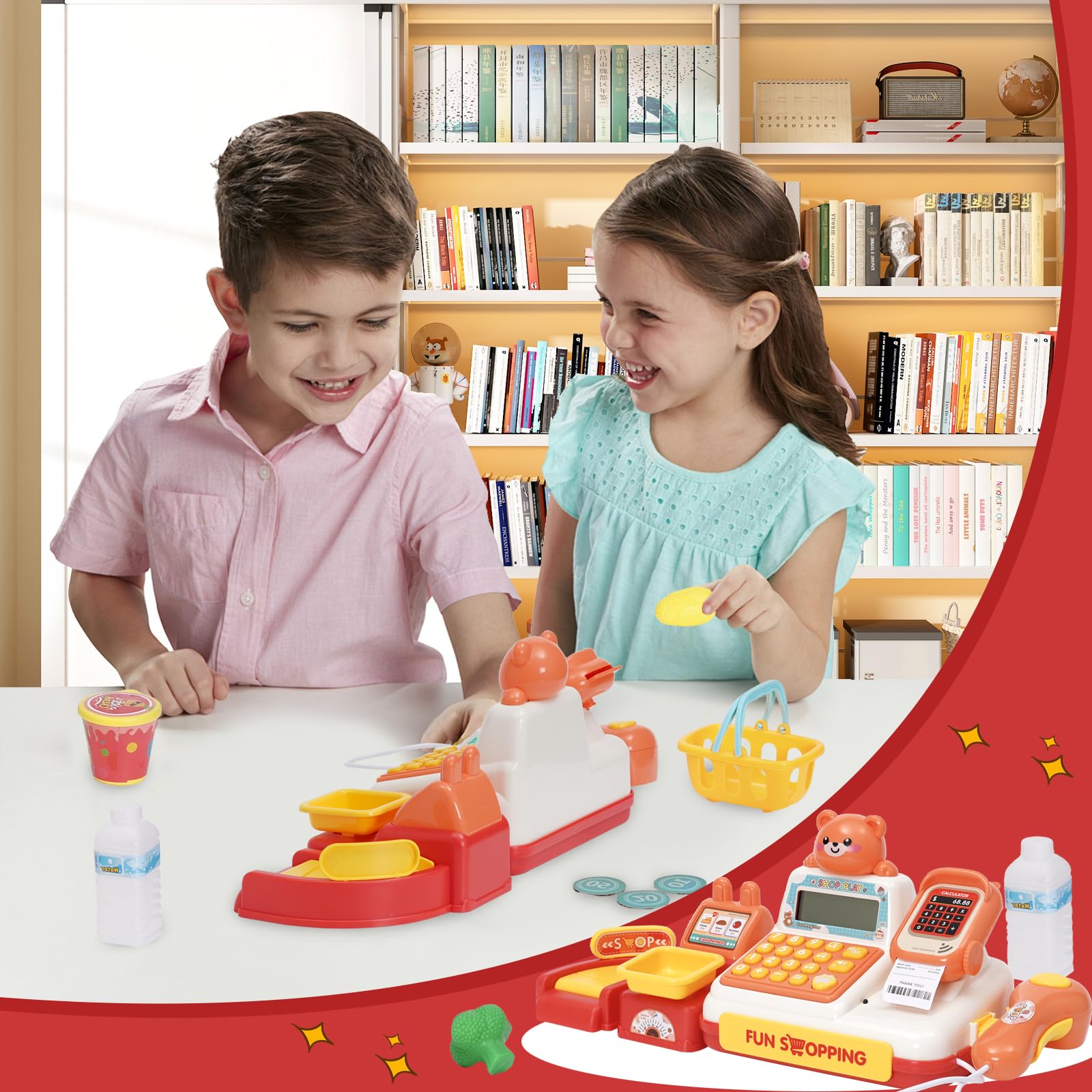Caisse enregistreuse de Jeu pour Enfants, Mini Caisse enregistreuse Enfants avec Panier à provisions, Caisse enregistreuse Jouet 25 pièces, Accessoires de Magasin Jeu de rôle pour Enfants