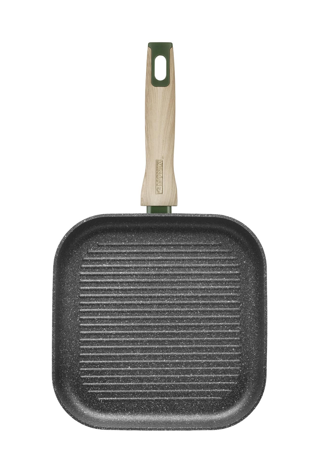 Monix Amazonia | Grill 28 cm con rayas, aluminio forjado, antiadherente tricapa, sin PFOA, fondo full induction, asas baquelita y recubrimiento soft touch efecto madera