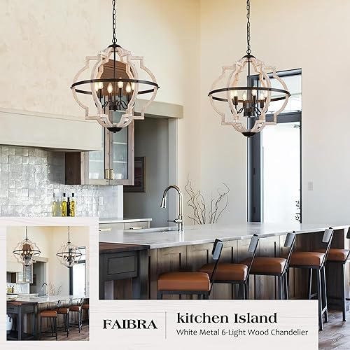 Miniatura 7 de Lámpara colgante de madera de granja de 6 luces, candelabros vintage rústicos de madera blanca clara, lámparas colgantes industriales retro para