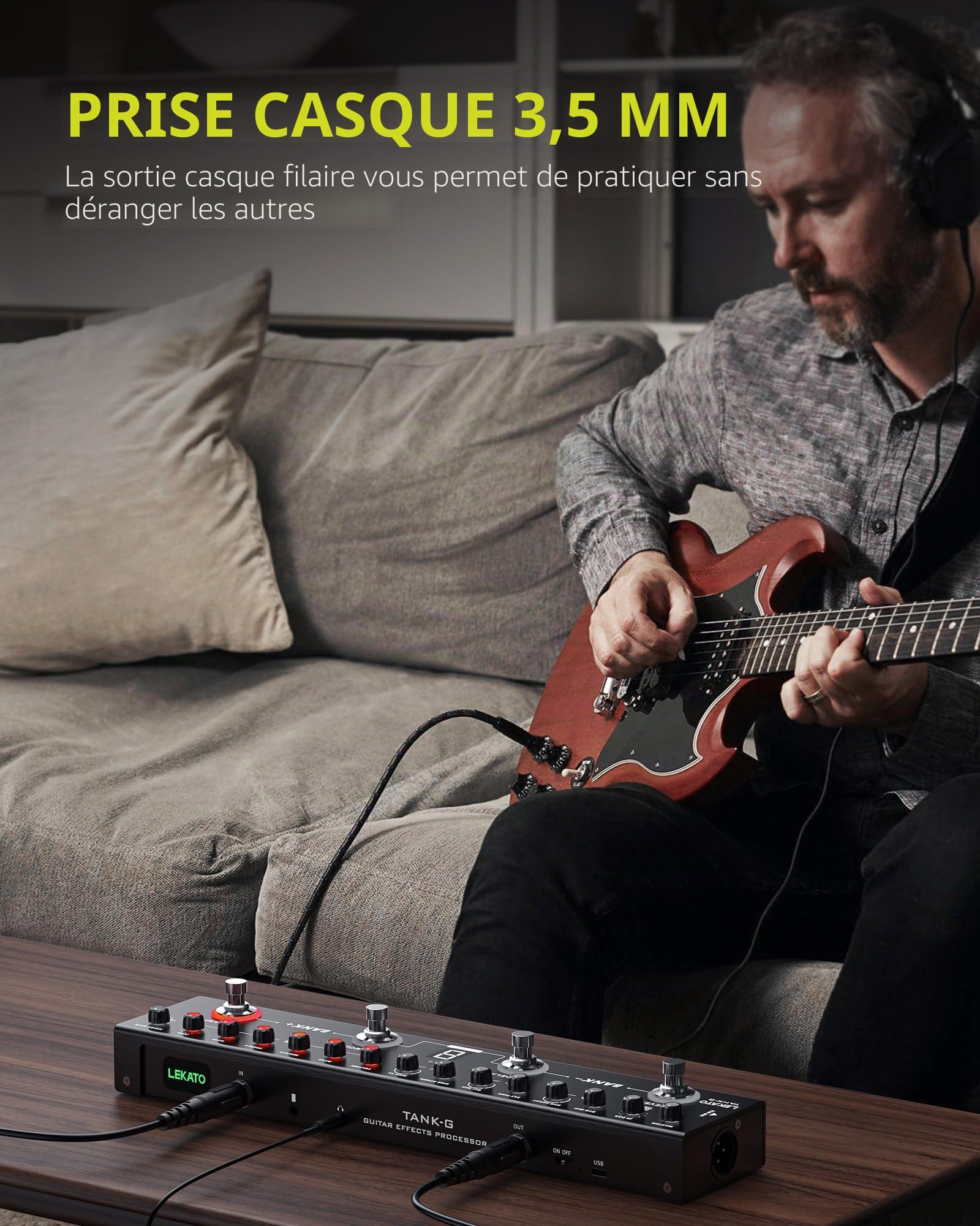 LEKATO Pédale de guitare multi-effets, 36 préréglages modifiables, chœur, retard, reverbe, MOD, recharge IR, enregistrement, tuner, batterie intégrée, connexion BT (guitare électrique)