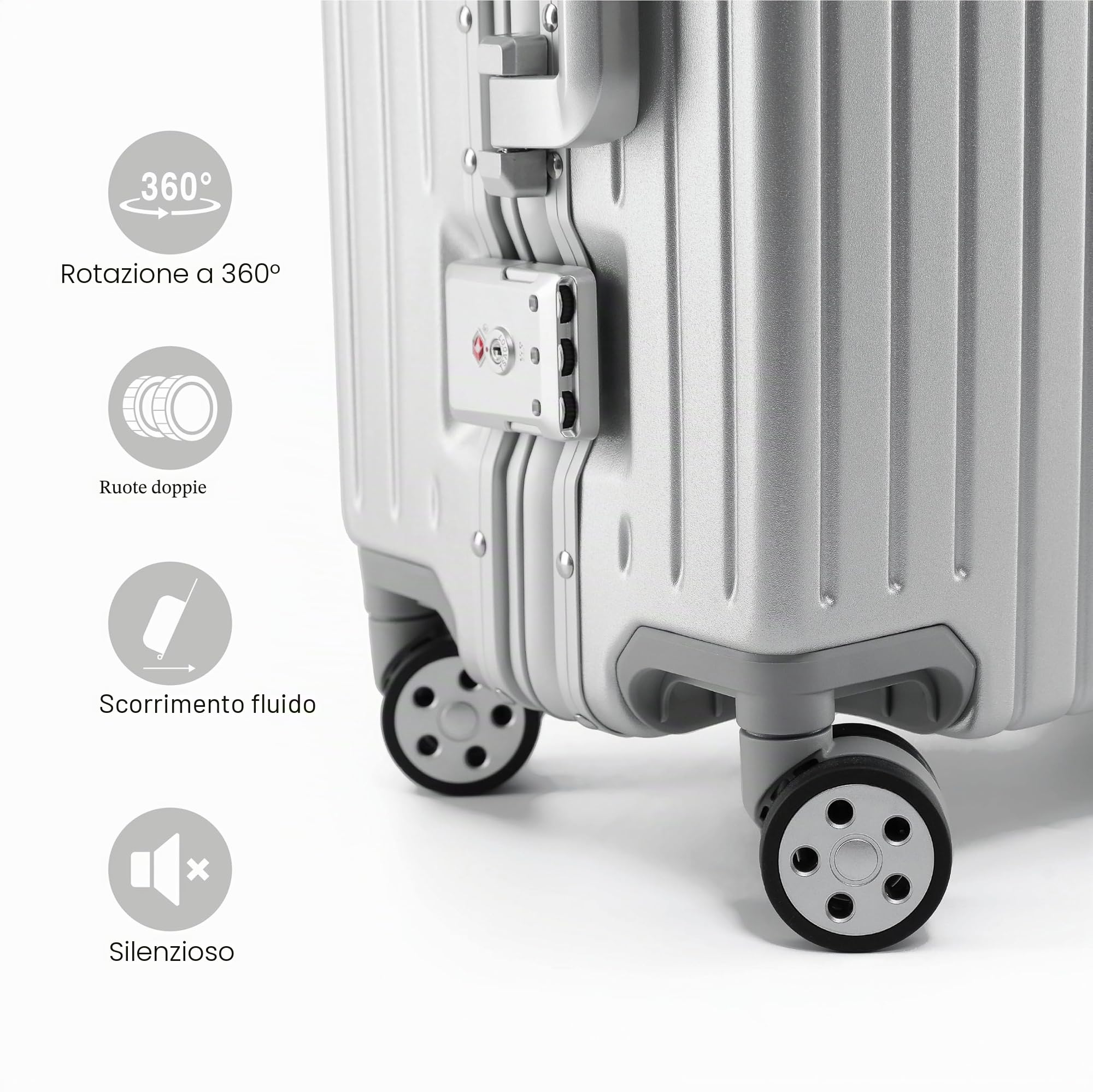 KOFA Zurich - Set di 2 valigie da viaggio con telaio in alluminio e guscio rigido in policarbonato, valigia da viaggio con 4 ruote e doppia serratura TSA, 35 l + 94 l, argento, XL 75.5x48.5x29.5 cm