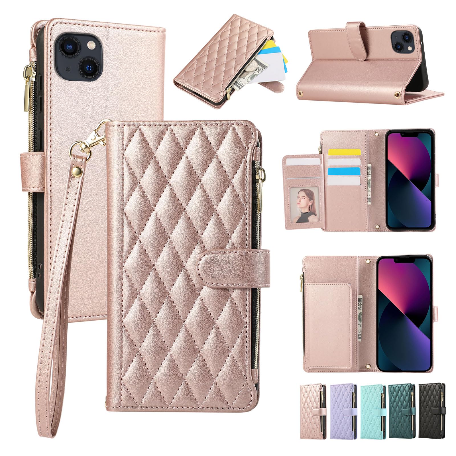Noaivoky For iPhone 13 / いphone14 ケース 手帳型 iPhone13 ケース 手帳型 アイフォン14 スマホケース iphone 14 ショルダー 財布型 アイホン14 カード収納 スマホカバー アイフォン13 スタンド機能 ストラップ あいふぉん14 小銭入れ チャック付き RFIDブロッキング 耐衝撃 携帯ケース アイホン13 おしゃれ - ゴールデンピンク
