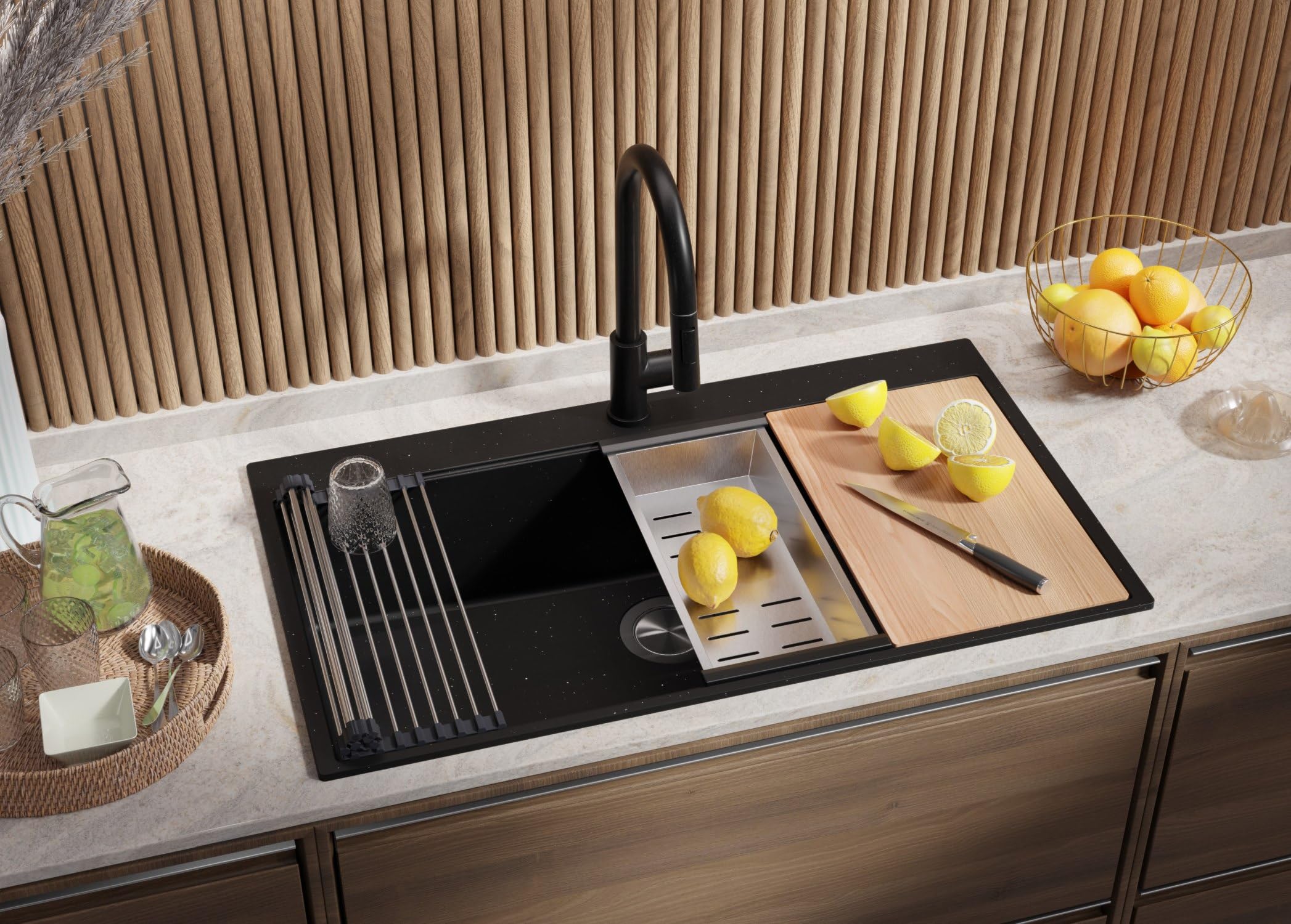 PRIMAGRAN Evier Cuisine en Granit au Meuble 90cm + Kit de Vidage, 88x50cm