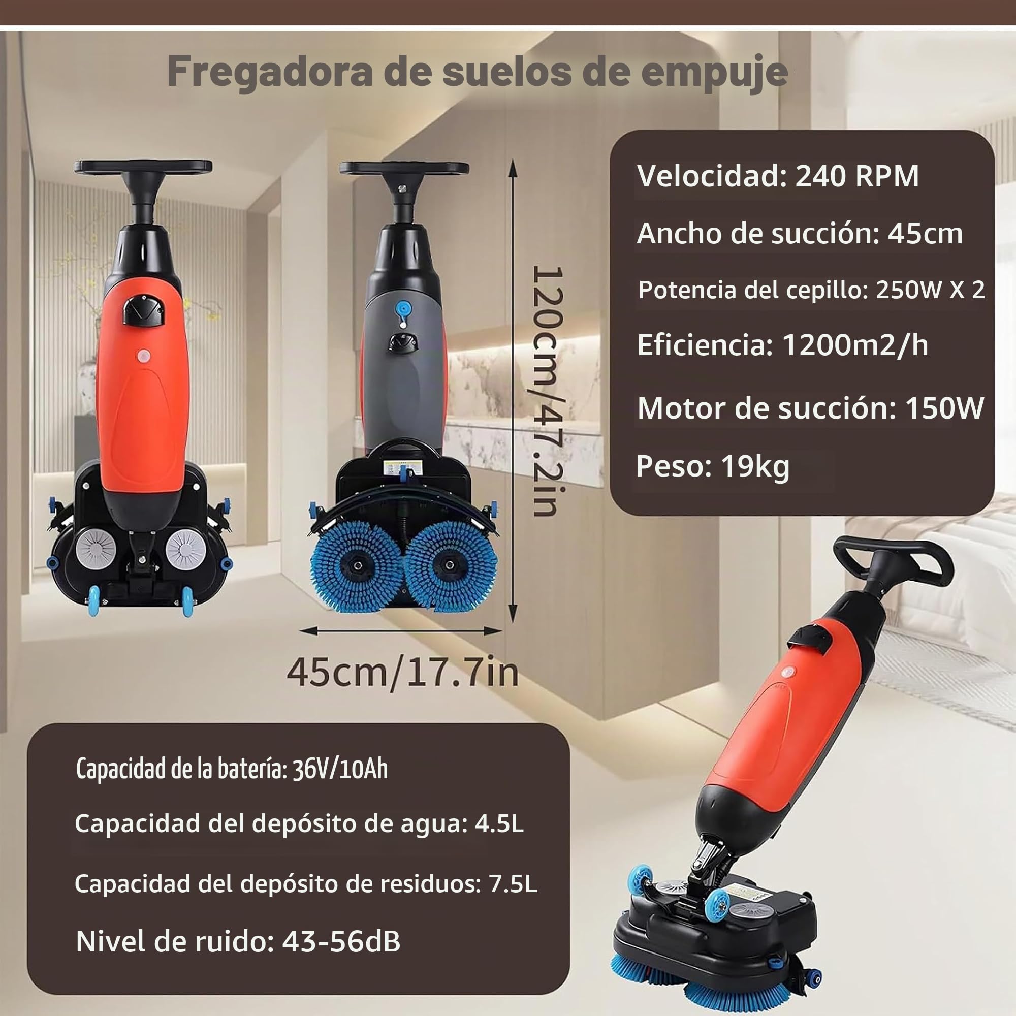 Cabezal Doble Eléctrica Fregona, Aspiradora Lavadora de Suelos Sin Cable, 2 Cepillos Rotativos 360°, Sistemas de Empuje, para Limpieza de Azulejos en Áreas Comerciales y Domésticas