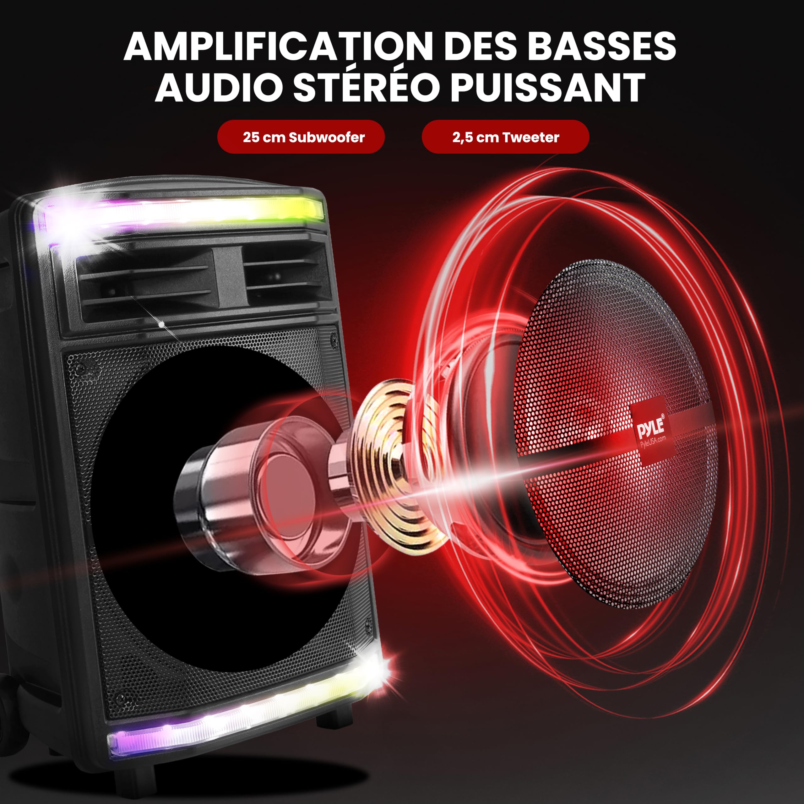 Pyle Enceinte Bluetooth Puissante-600 W, Enceinte Sono Portable, sans Fil, Eclairage LED et avec Roues, SD/USB/AUX, Karaoke Adulte, Noir