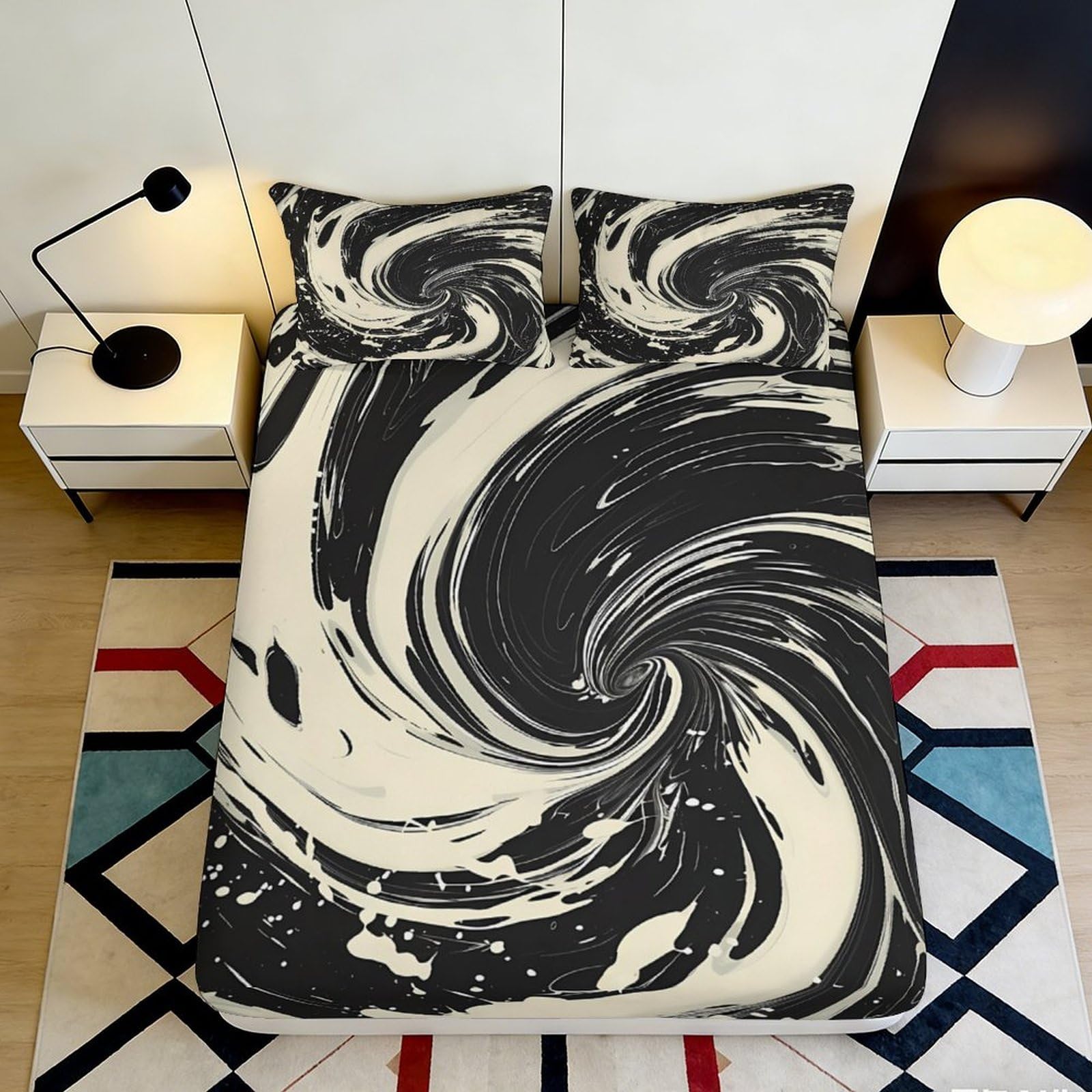 3D Printed Black Swirl Fitted Sheet Microfiber Soft Art Abstract Mattress Cover for Bedroom Guest Room Decor 90x200x25cm