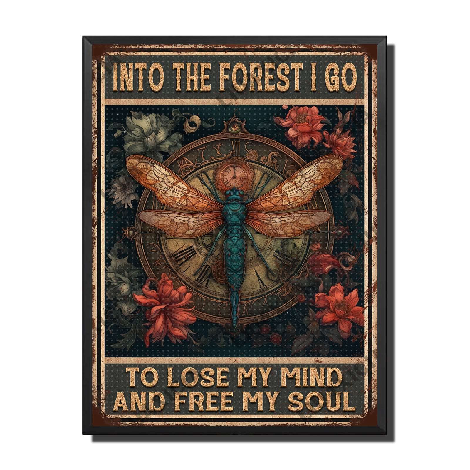 peiyeety Metal Tin Sign Into The I Go Dragonfly Vintage Decorative Wall Art,Retro Whimsical Rustic Plaque for Home Living Room Bedroom Garden Patio,8x12 Inch
