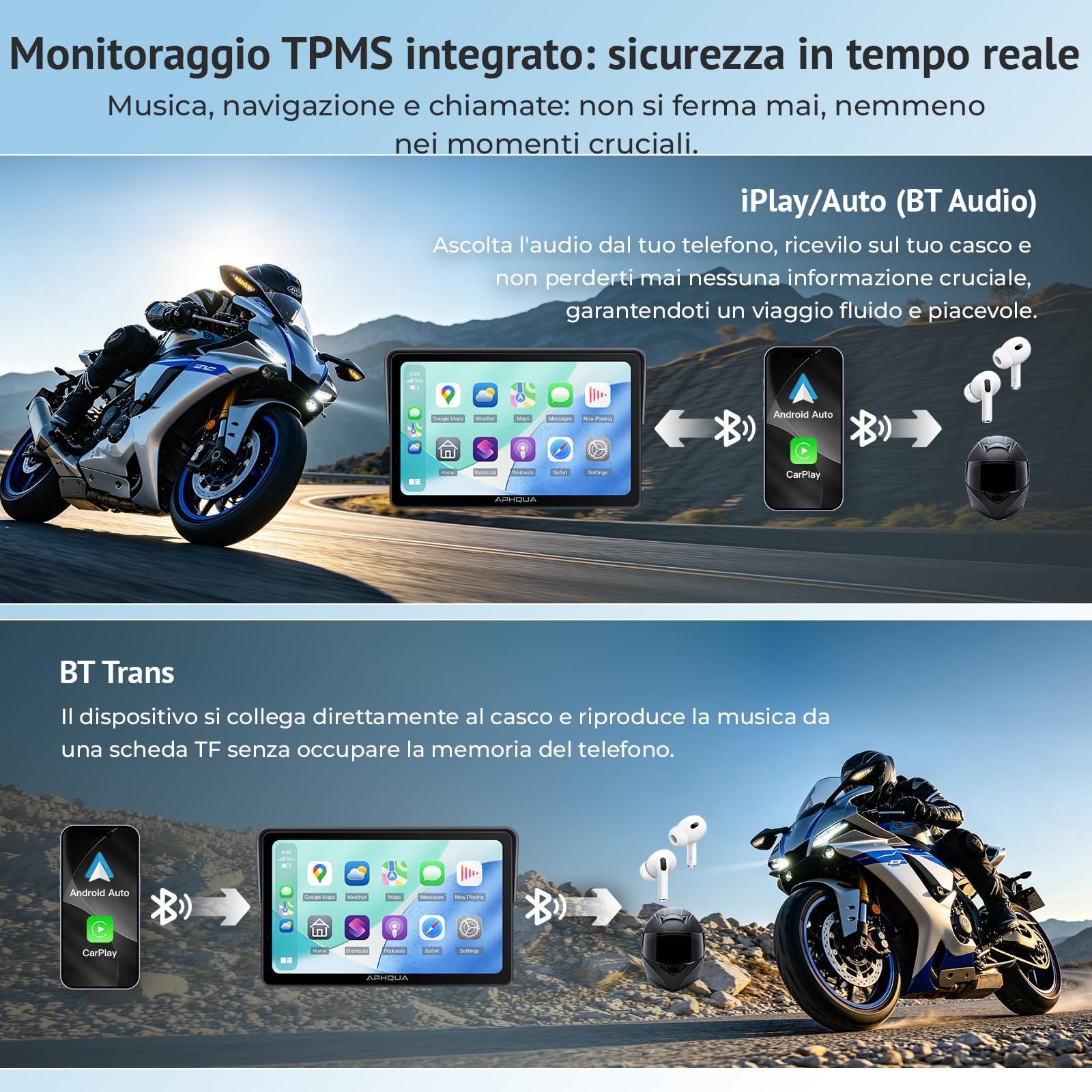 Moto Carplay Display 7 Pollici Impermeabile Touch Screen Sistema di Controllo della Pressione Pneumatici (TPMS), CarPlay Wireless e Android Auto per Moto, Dual Bluetooth, Navigazione GPS