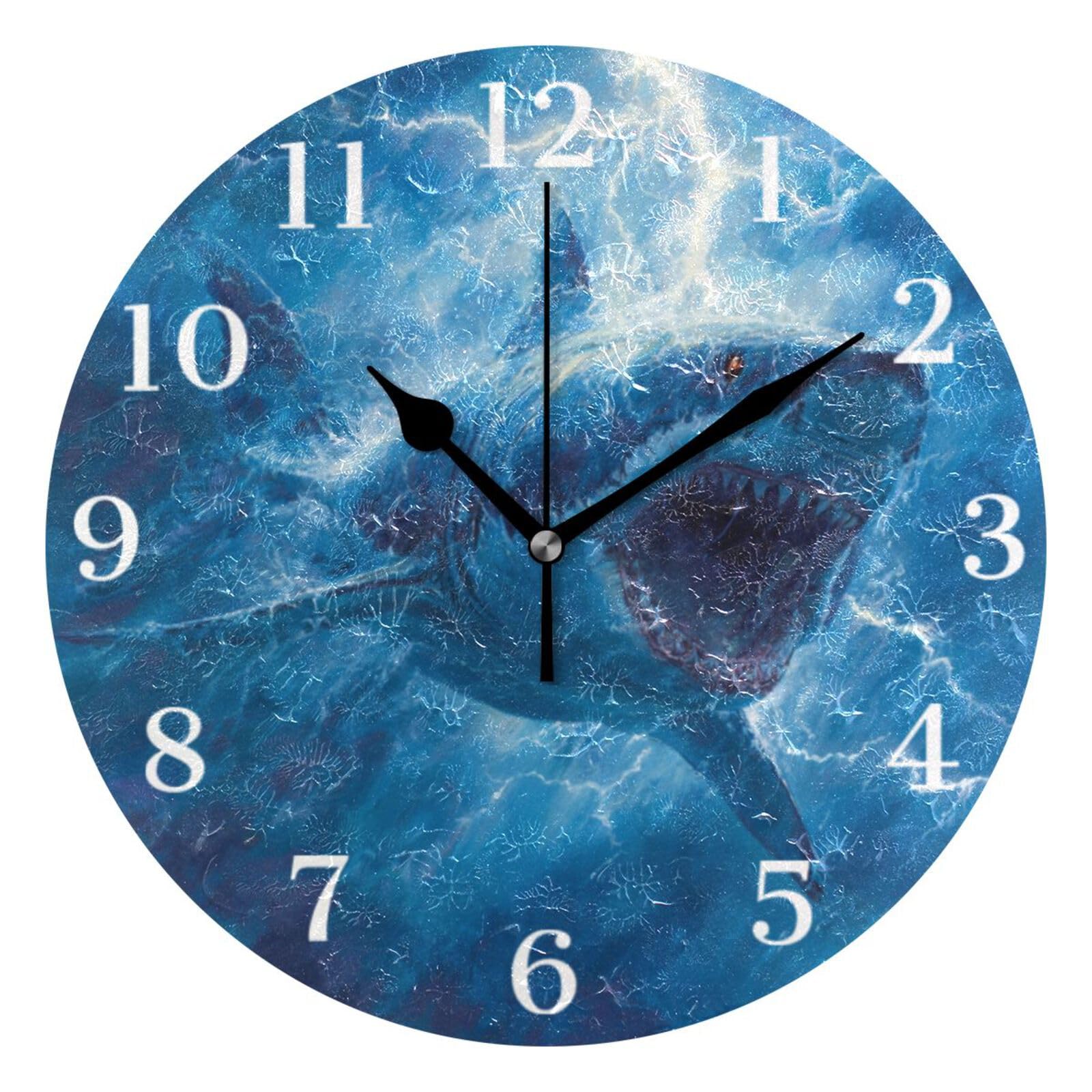 Ensound Shark Blue Lightning Wall Clock Silent Non-Ticking Battery Operated Clocks 12 Inch for Kitchen Home Living Room