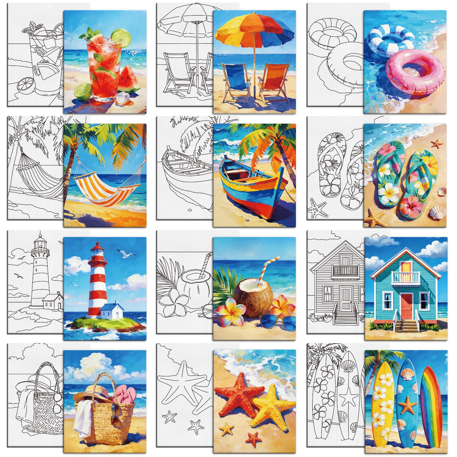 MAYJOYDIY 12 Pcs Hawaiian Beach Pre Drawn Canvas to Painting Fruity Cocktail Beach Chairs Pre Printed Canvas for Adults 25×20cm Palm Trees Beach House DIY Paint Art Board for Beginners Party Favor