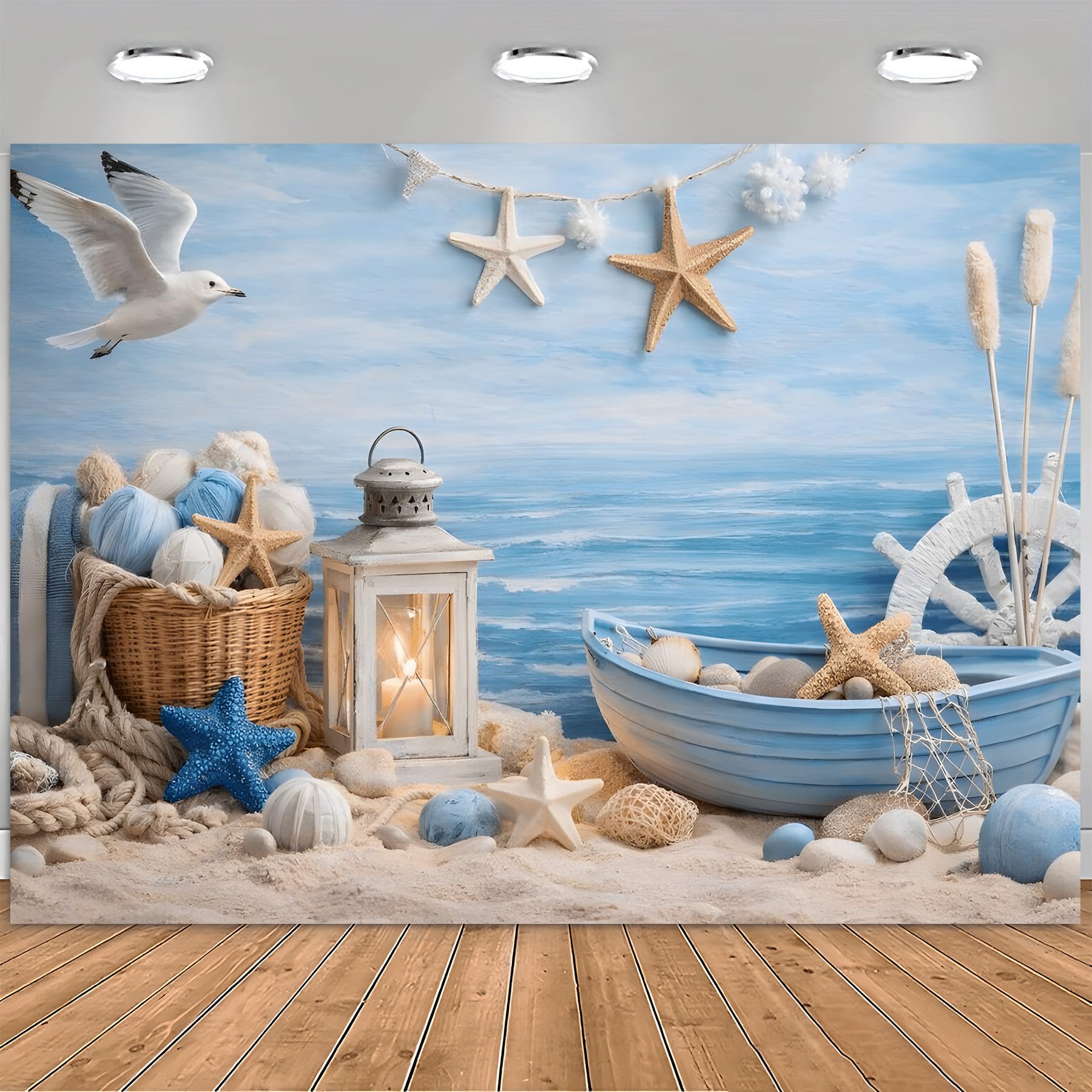 Nautical Beach Backdrop with Vintage Lighthouse, Ship Wheel, Starfish & Seashells - Blue Boat Suitable for Photography Backgrounds, Wall Decor, Party Decorations - Durable Material for Indo-image-26